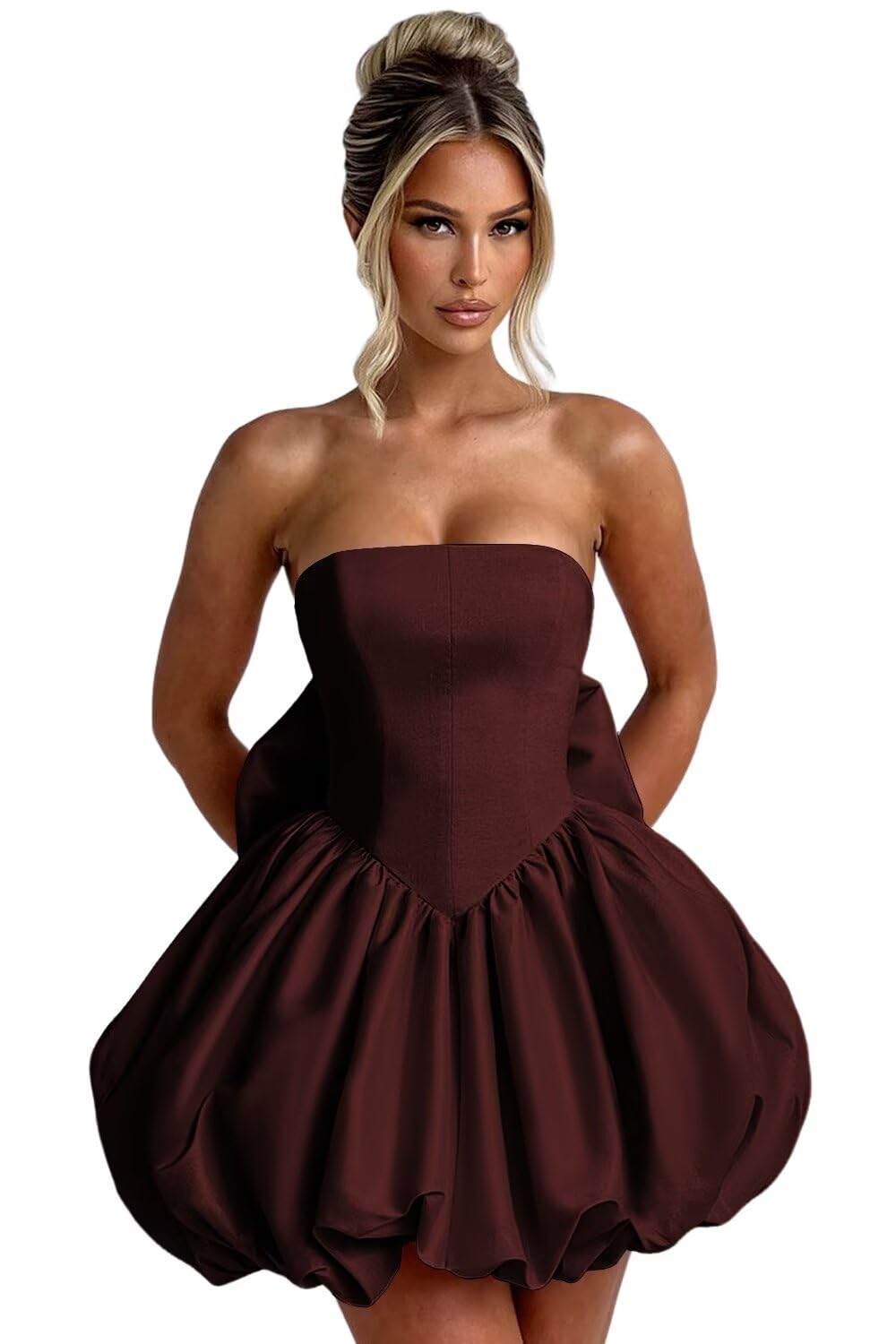 Satin Bubble Dress with Pockets Strapless Detachable Bow Short Ball Gowns A Line