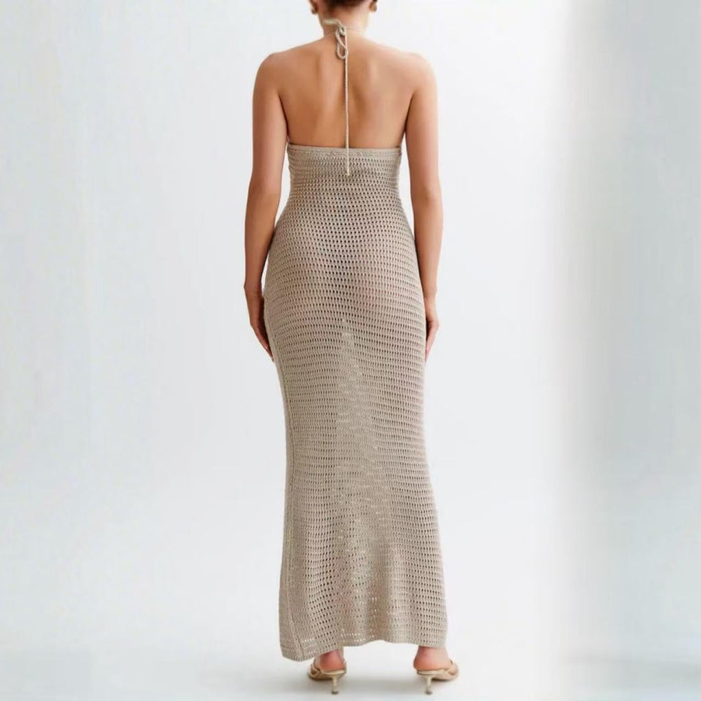 Women Halter Hollow Out Knitted Mini Dress Sexy Crochet 3D Flower Mini Dress