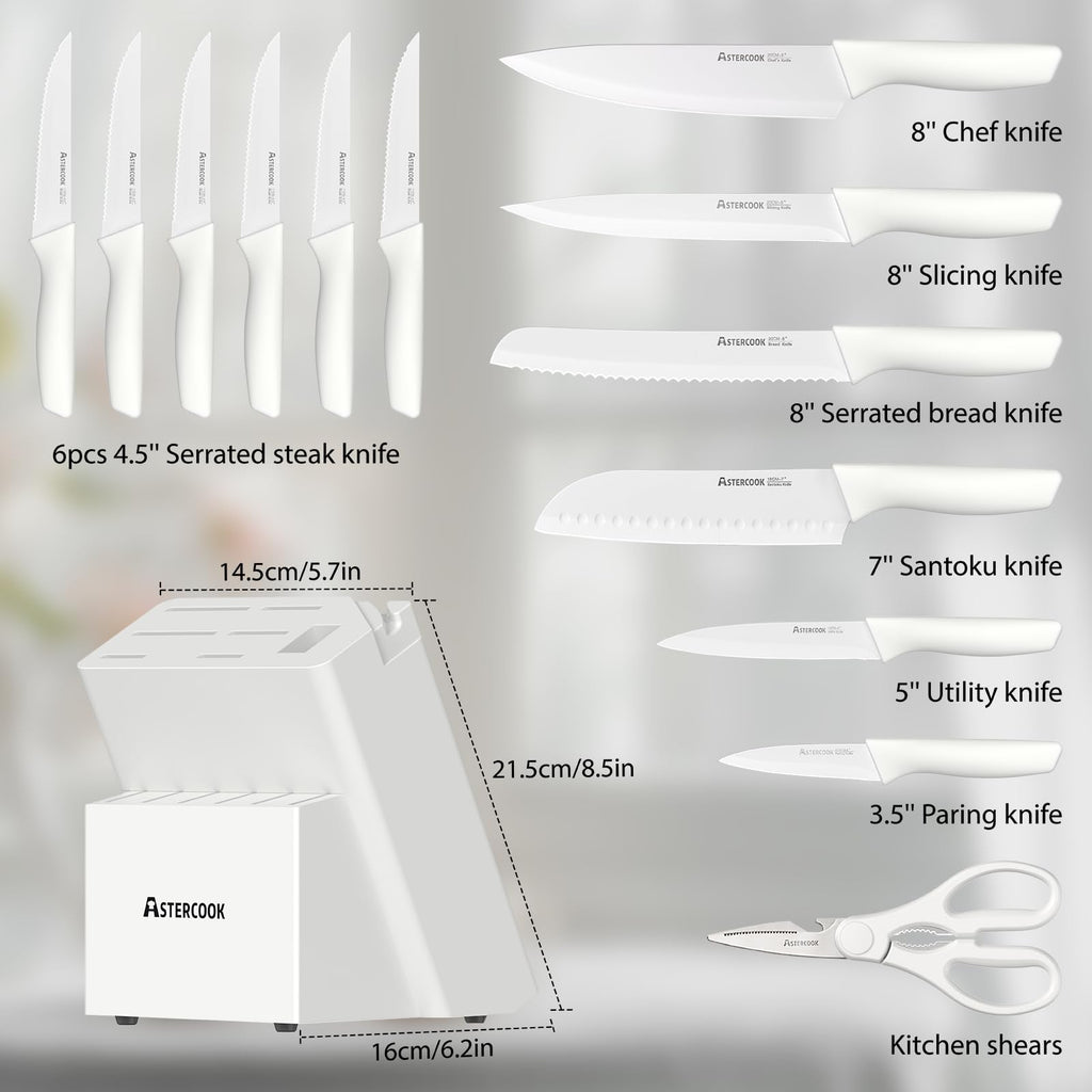 Colorful Kitchen Knives Set with Block and Sharpener Ceramic Coating 15 Pcs German Stainless Steel Knives Sharp Blade Dishwasher Safe Knife Block Set with Ergonomic Handle