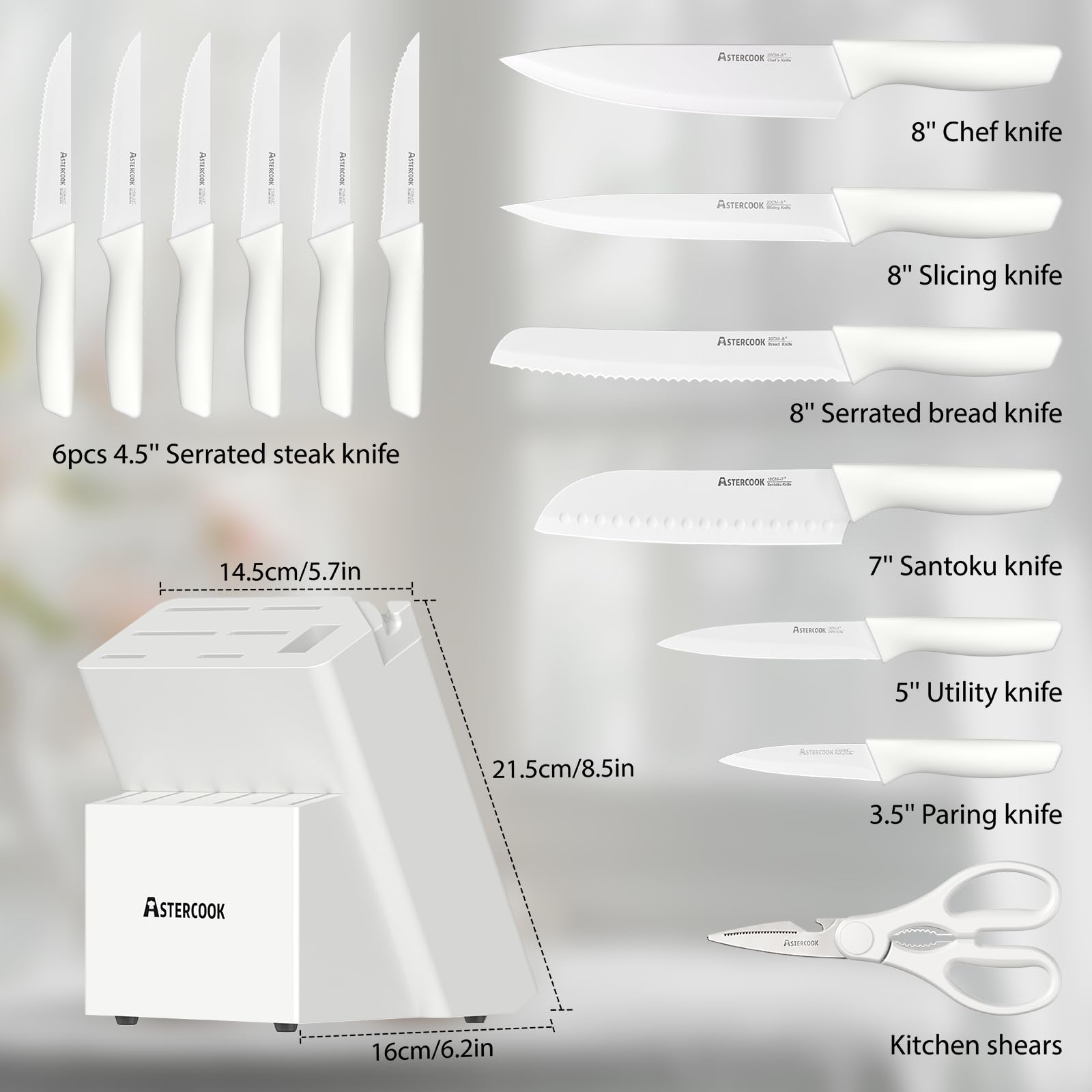 Colorful Kitchen Knives Set with Block and Sharpener Ceramic Coating 15 Pcs German Stainless Steel Knives Sharp Blade Dishwasher Safe Knife Block Set with Ergonomic Handle