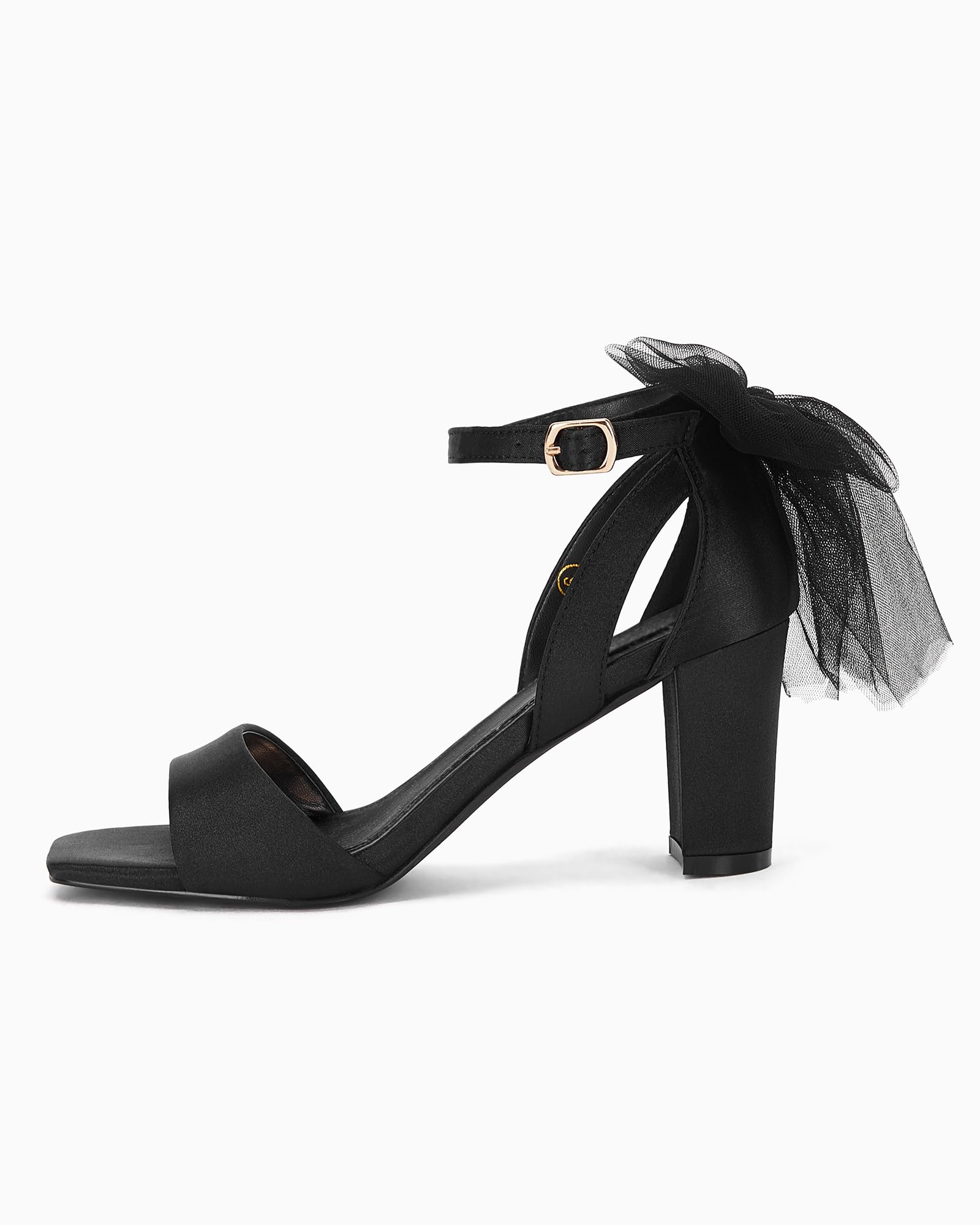 Women's Bow Tie Heeled Sandals Chunky Heels One Strap Satin Ankle Buckle Shoe