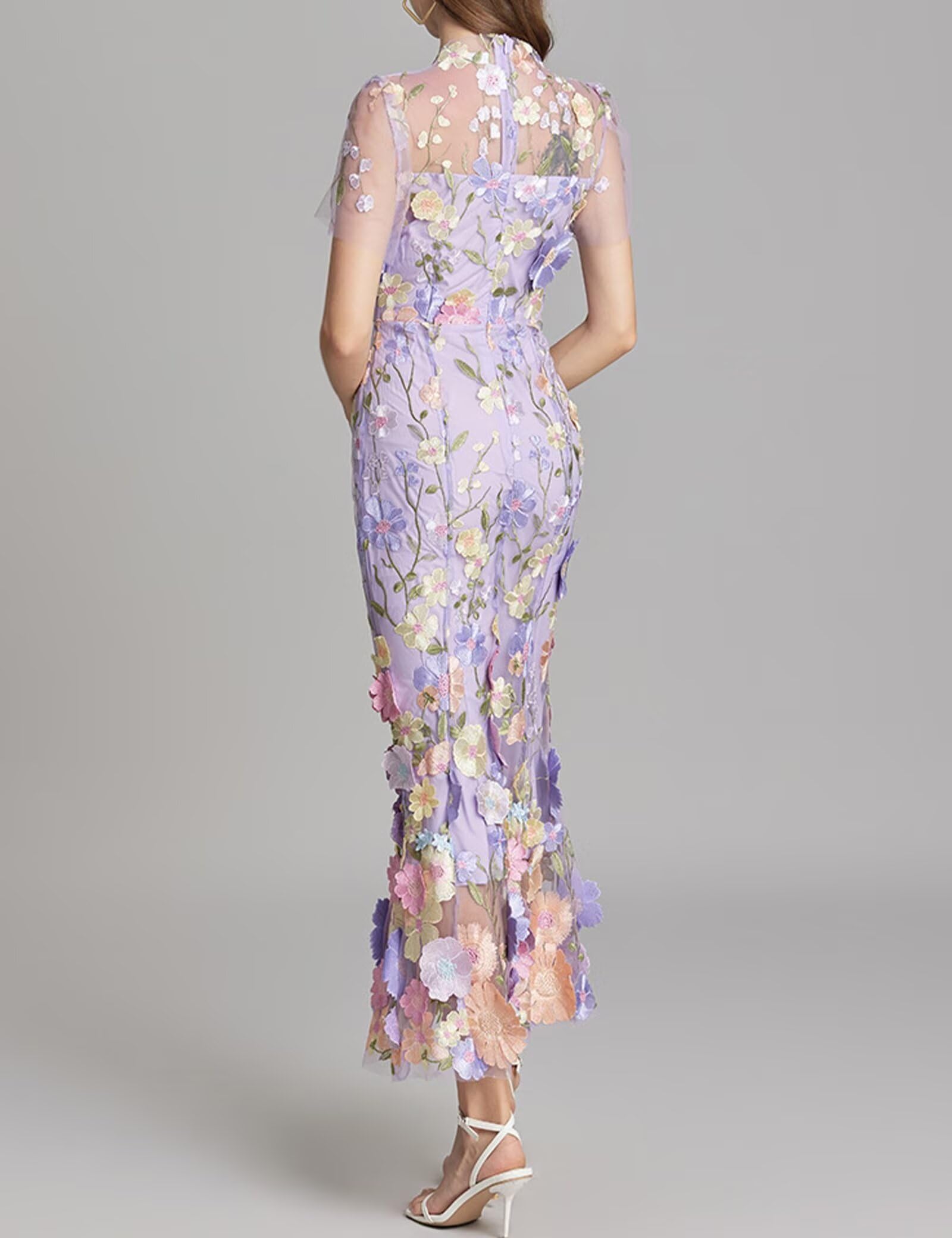 Women's 3D Floral Embroidery Dress Sheer Mesh Round Neck Lace Bodycon Party Cocktail Maxi Dress Short Sleeves