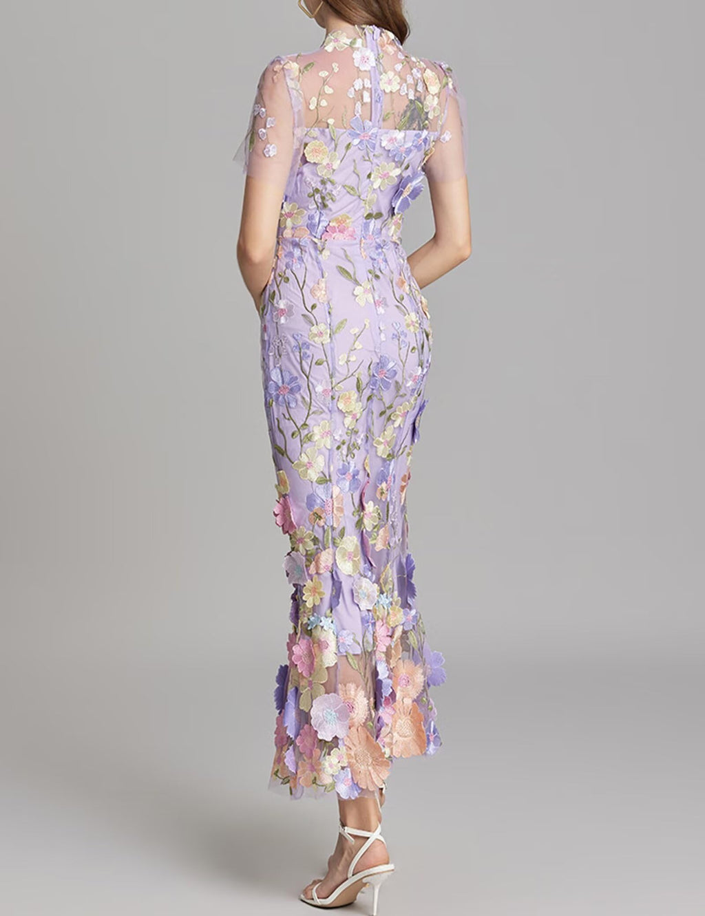 Women's 3D Floral Embroidery Dress Sheer Mesh Round Neck Lace Bodycon Party Cocktail Maxi Dress Short Sleeves