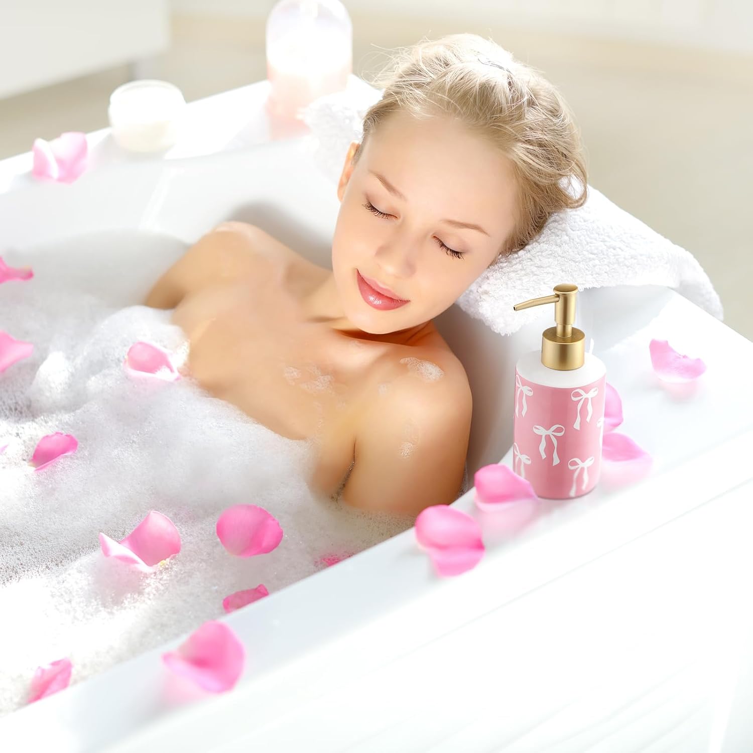 Pink Bow Soap Dispenser Cute Coquette Hand Soap Dispenser with Pump Rust Proof Refillable Ceramic Lotion Bottle Preppy Accessories for Bathroom Kitchen Decor