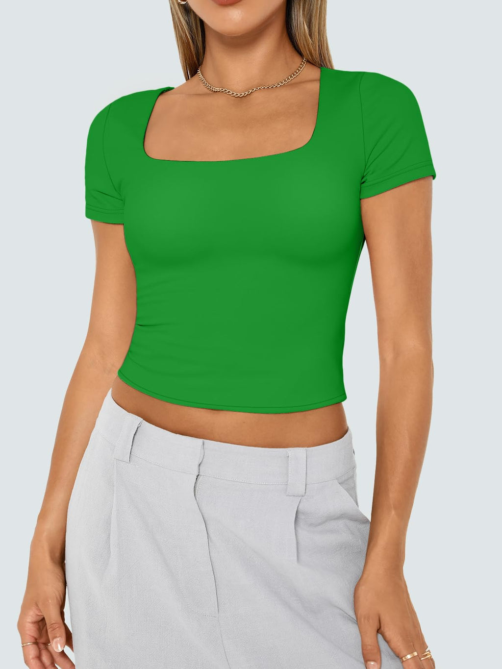 Womens Short Sleeve T Shirts Double Lined Square Neck Crop Tops Basics Tees
