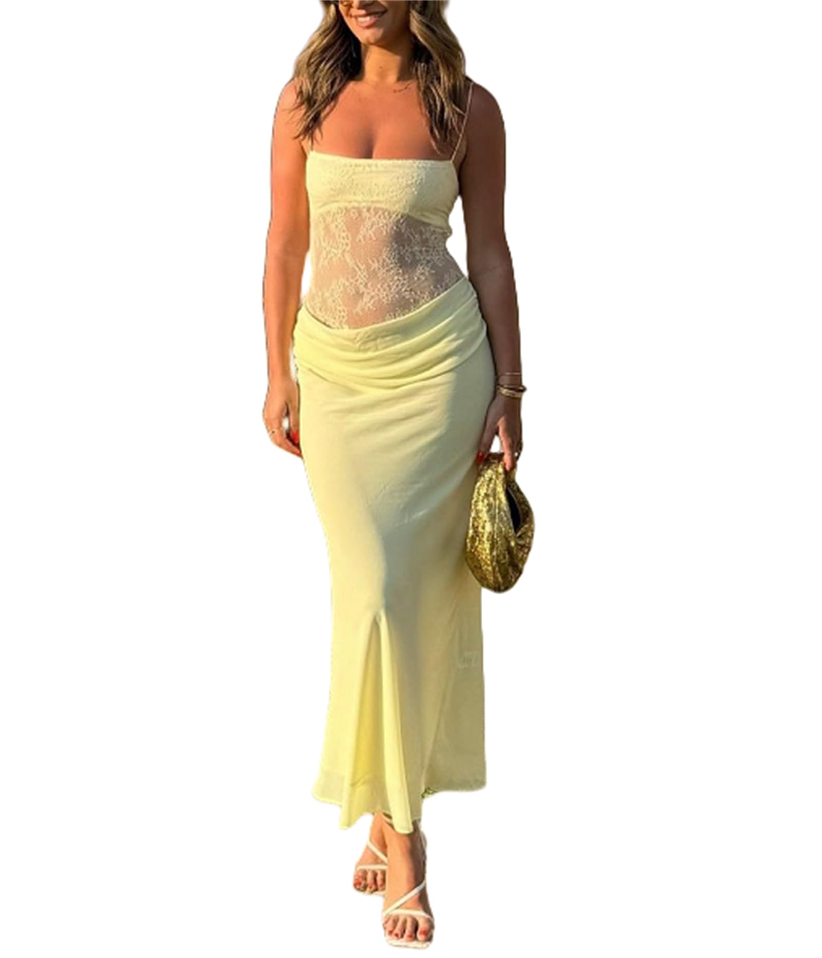 Women Sexy Hollow Out Maxi Dress Sleeveless Backless Lace Pachwork Bodycon Long Dress Y2k Dress