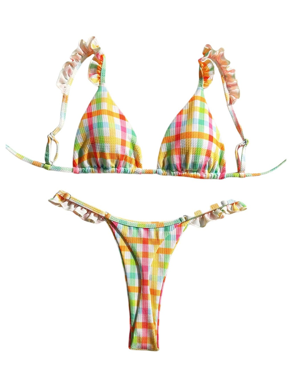 Women's Gingham Thong Bikini Sets Ruffle String Coquette Swimsuits Tie Back Boho Bathing Suit