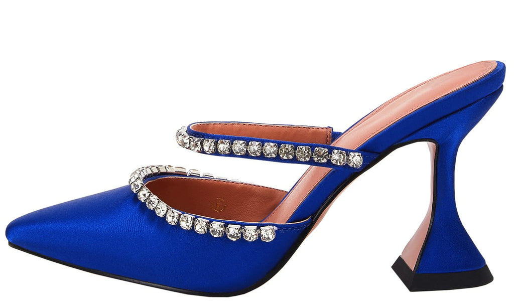 Women's Pointed Toe Strappy Heels Crystal Satin Heeled Mules Shoes