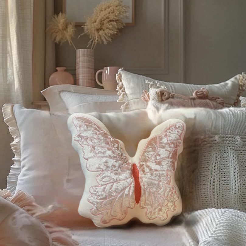 Butterfly Throw Pillow, Pink Butterfly-Shaped Glitter Velvet Stuffed Cushion Shiny Spring Decorative Animal Pillow for Couch Living Room Bed (11.8"x11.8")