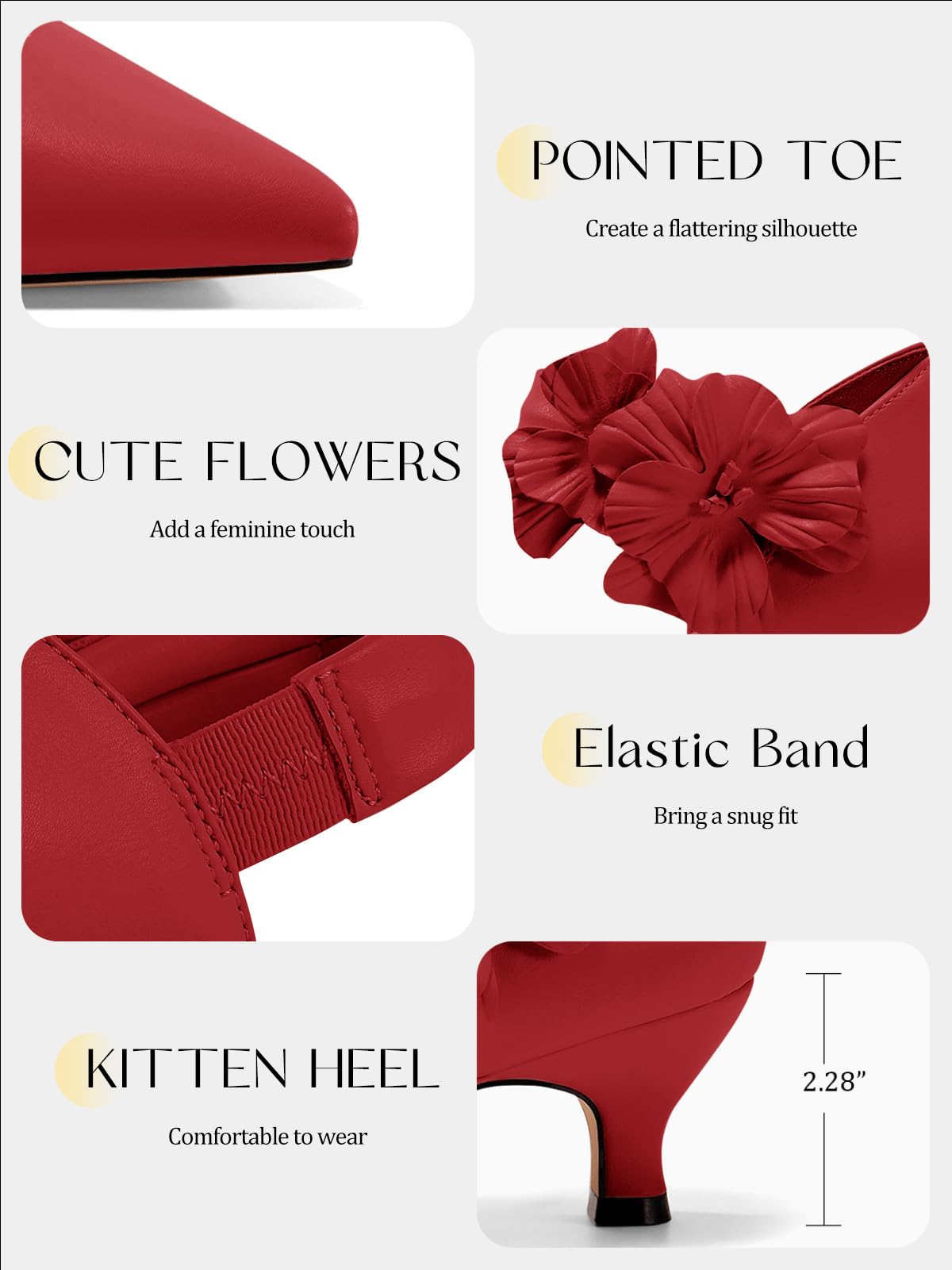 Women's Low Kitten Heels Dressy Shoes Comfortable Closed Toe Flower Slip on