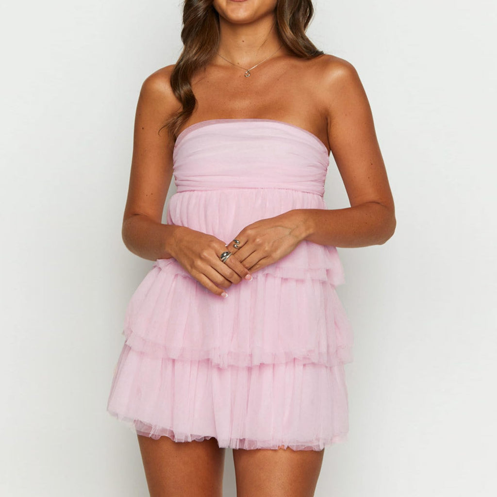 Women Strapless Tiered Dress Y2k Off Shoulder Ruffle A Line Tube Mini Dress Club Party Short Dresses