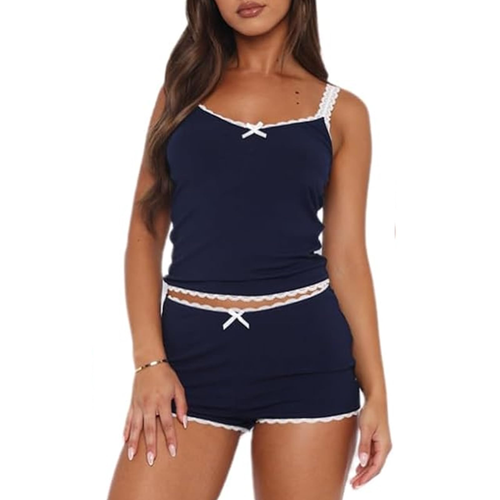 Women Sexy 2 Piece Pajama Set Sleeveless Lace Trim Crop Cami Top and Shorts Pj Set Y2K Sleepwear Lounge Outfits