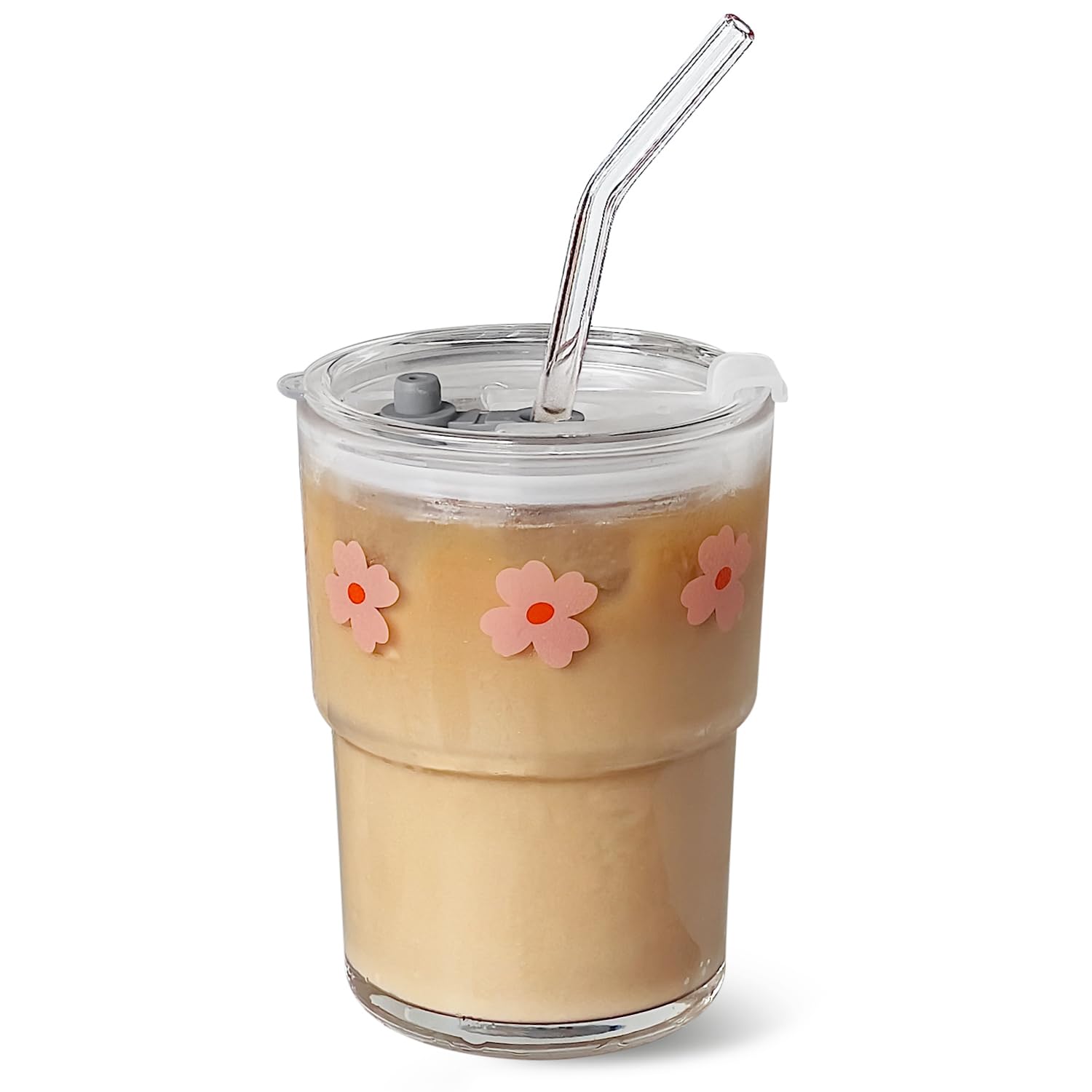 Glass Tumbler with Straw and Lid, Reusable Iced Coffee Cup Tumbler, Cute Glass Cups 13oz