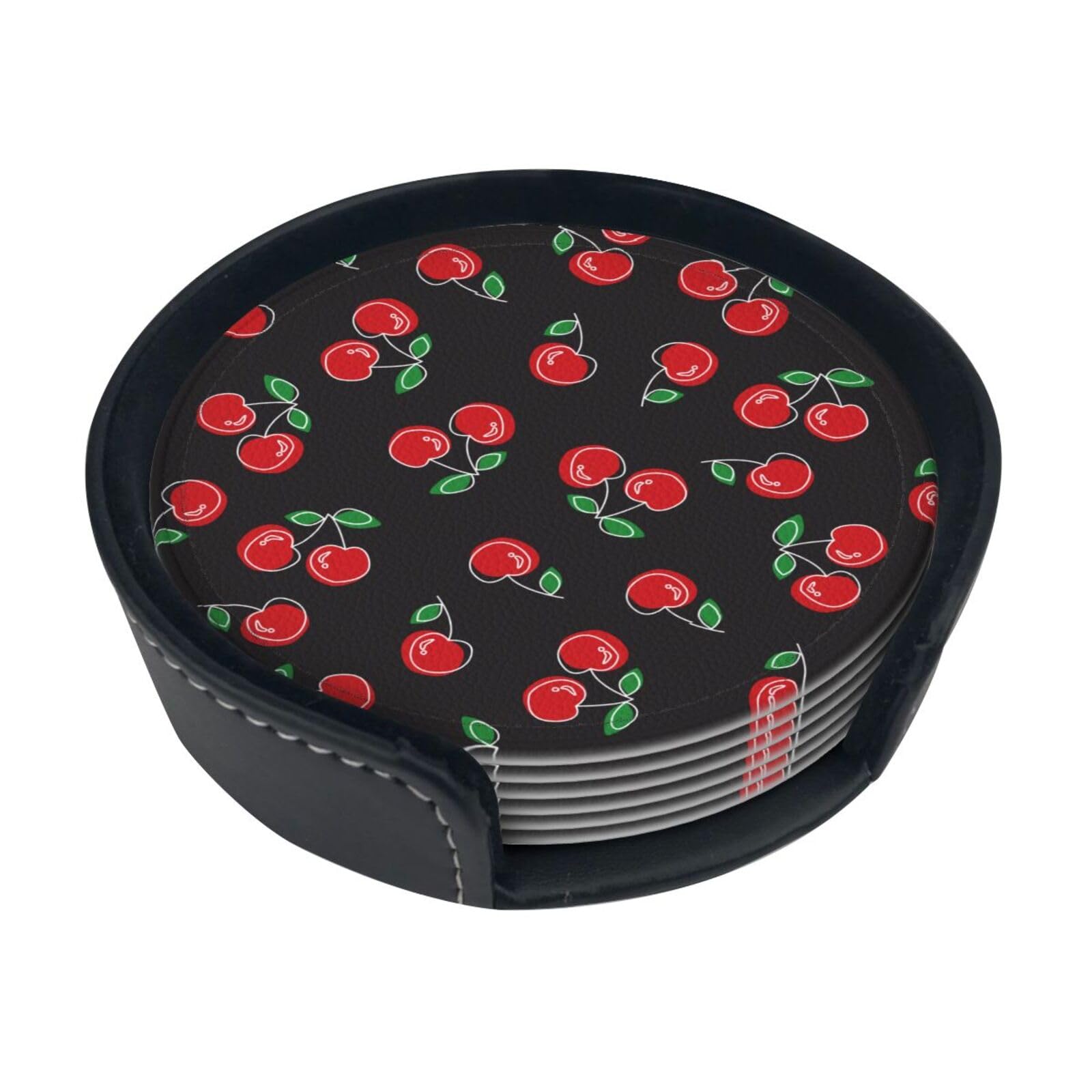 Coasters for Drinks Round Leather Coaster with Holder Set of 6 for Tabletop Protection