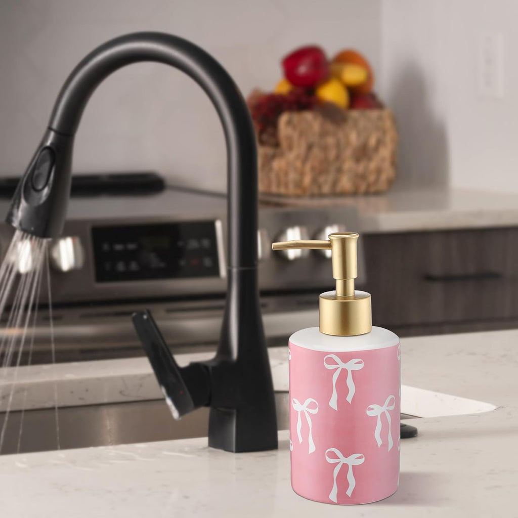 Pink Bow Soap Dispenser Cute Coquette Hand Soap Dispenser with Pump Rust Proof Refillable Ceramic Lotion Bottle Preppy Accessories for Bathroom Kitchen Decor