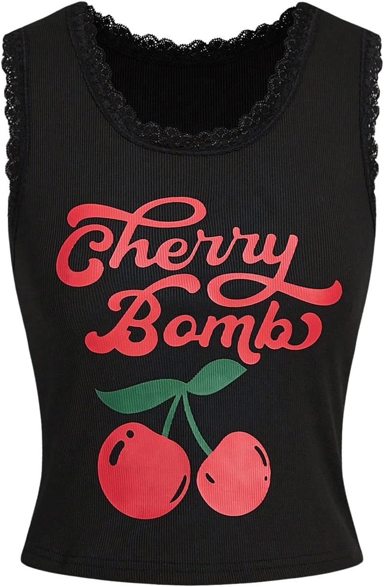 Women's Crewneck Letter Cherry Print Lace Tank Top Rib Knit Vest Top