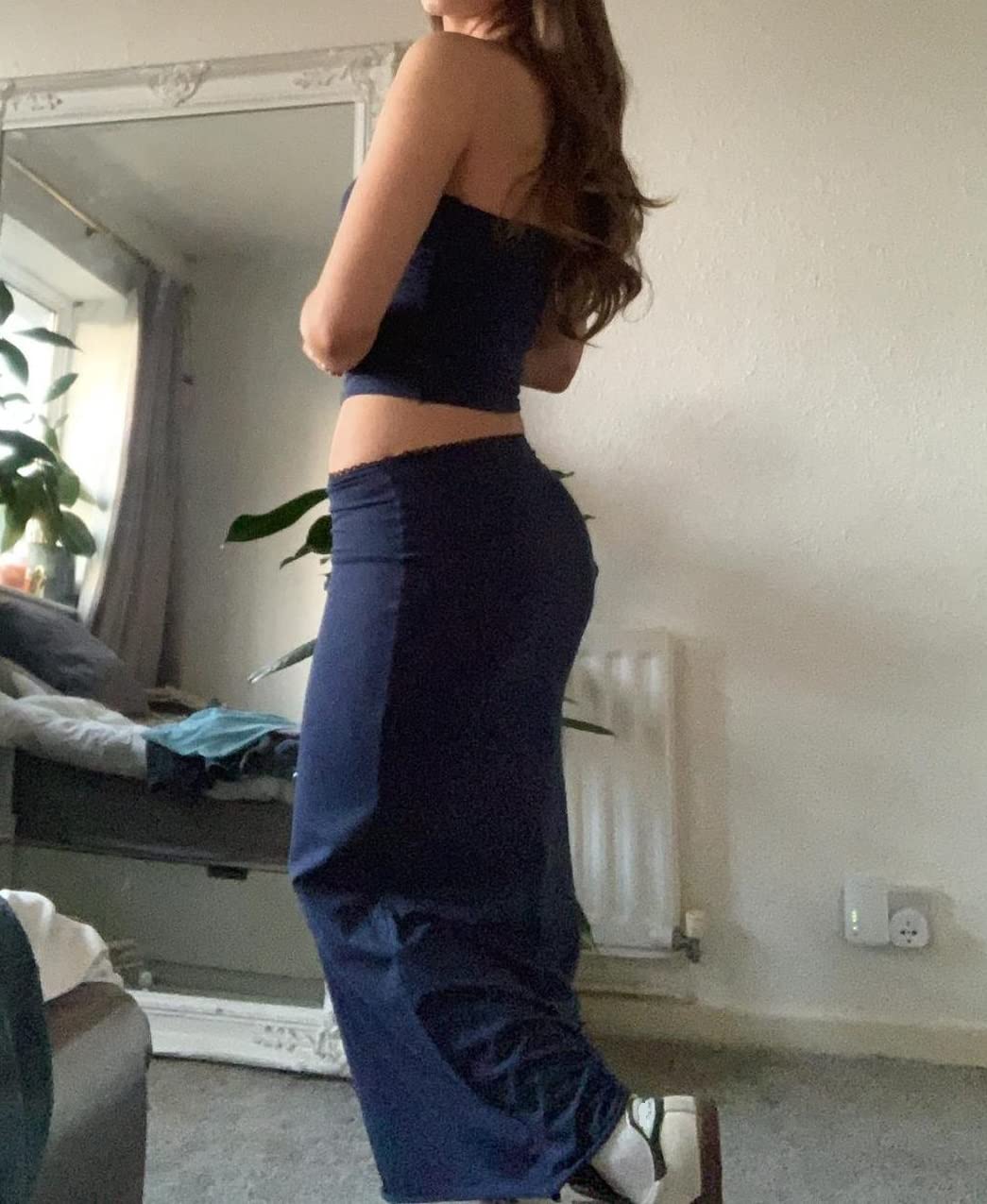 Women Y2K 2 Piece Long Skirt Set V Neck Halter Crop Top Off Shoulder Slim Fit Tube Top Split Maxi Skirts Outfit