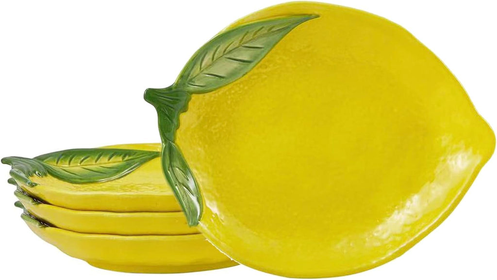 Lemon Shape Handpainted 8 inch Stoneware Salad Plates Set, Set of 4