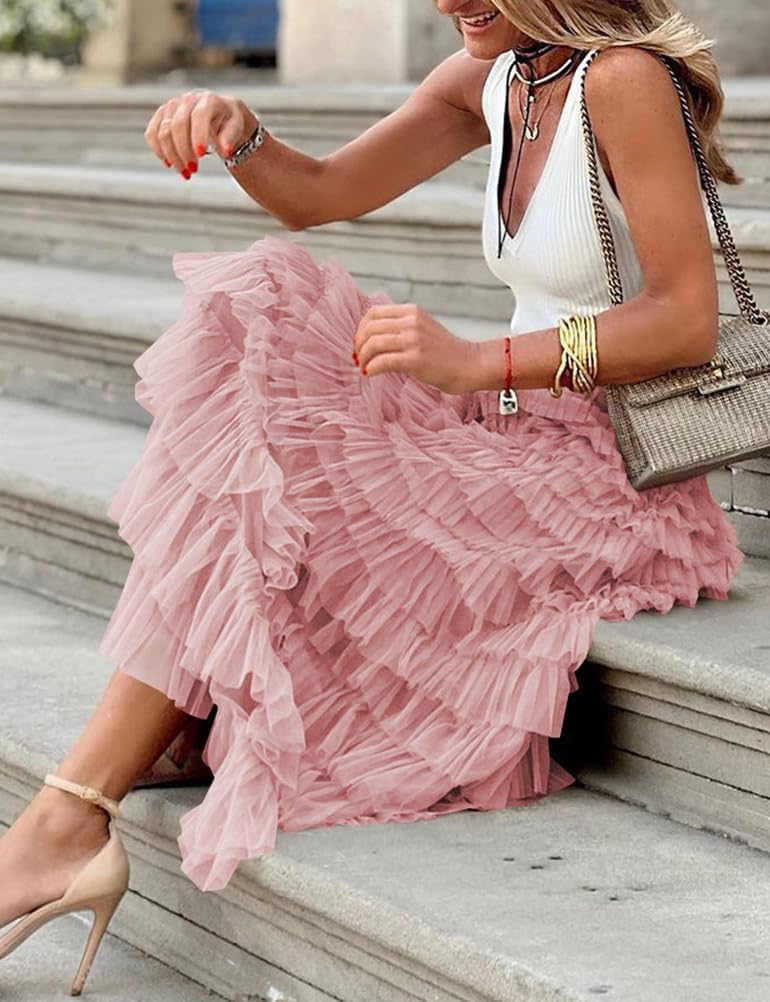 Long Tulle Skirt for Women Trendy High Waisted A Line Fluffy Fairy Mesh Layered Ruffle Skirt