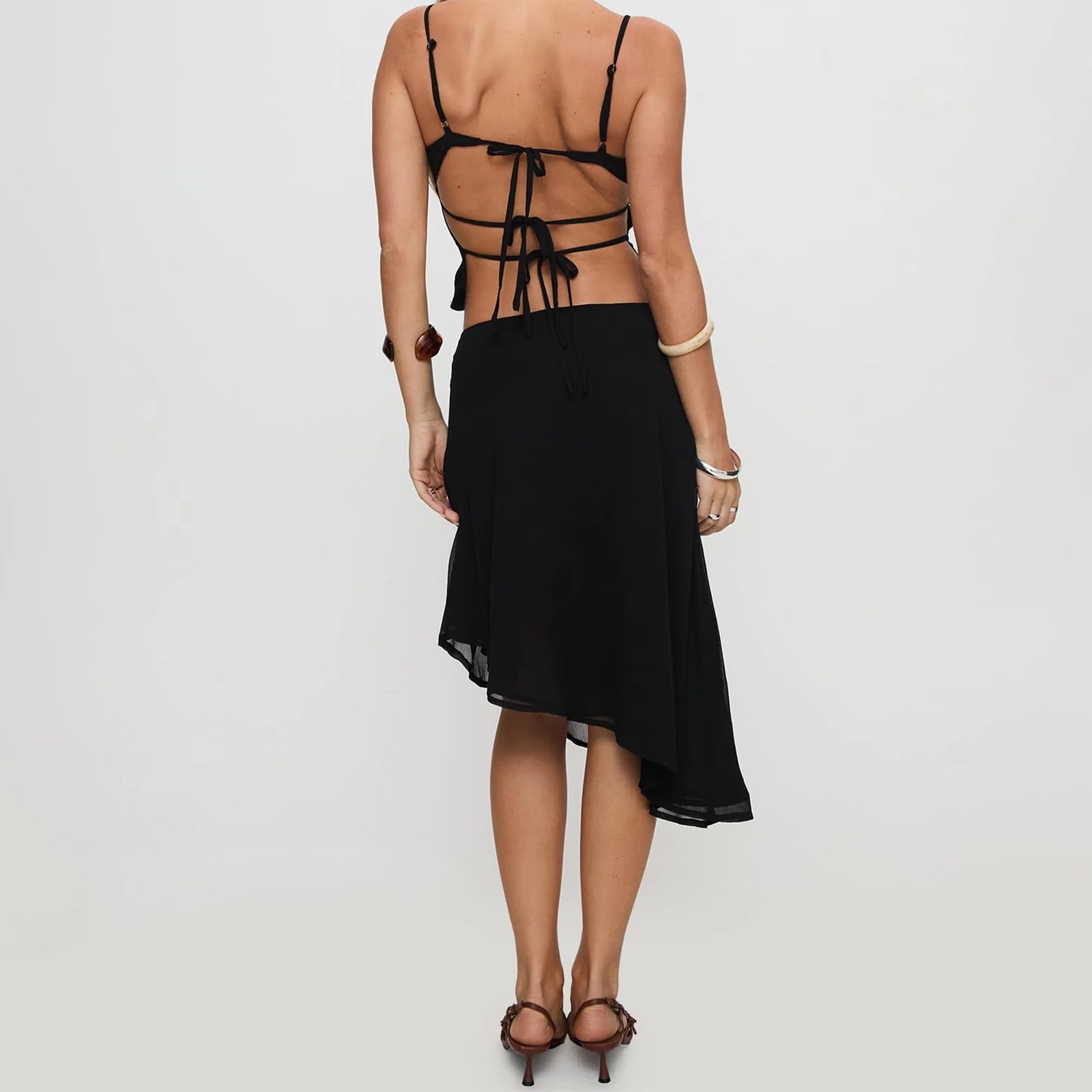 Midi-length Skirt Set for Women 2 Piece Outfit Boho Floral Print Crop Cami Sheer Mesh Irregular Midi Skirt Trendy