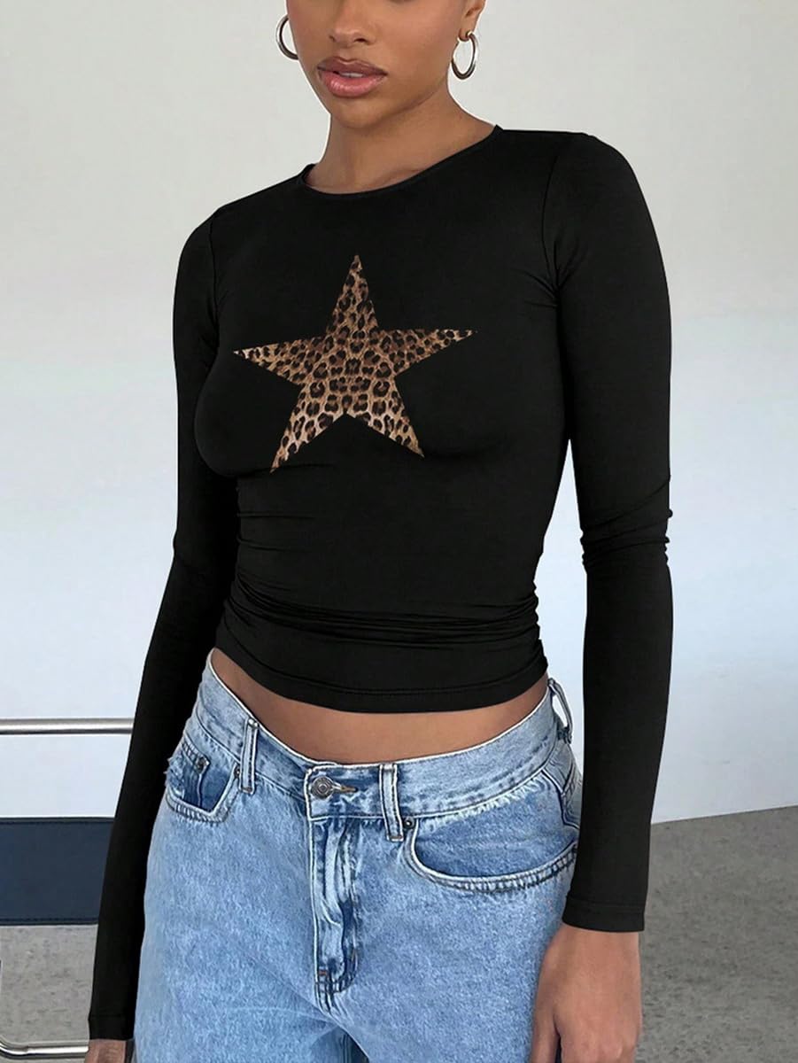 Women's Y2K Long Sleeve T Shirts Crewneck Star Pattern Crop Tops Slim Fit Tops