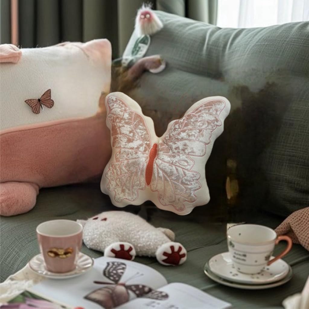 Butterfly Throw Pillow, Pink Butterfly-Shaped Glitter Velvet Stuffed Cushion Shiny Spring Decorative Animal Pillow for Couch Living Room Bed (11.8"x11.8")