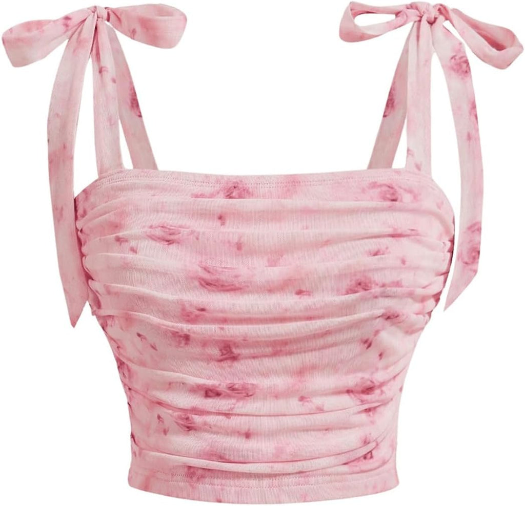 Women's Bow Tie Shoulder Crop Tops Mesh Floral Boho Top Ruched Cami Tops