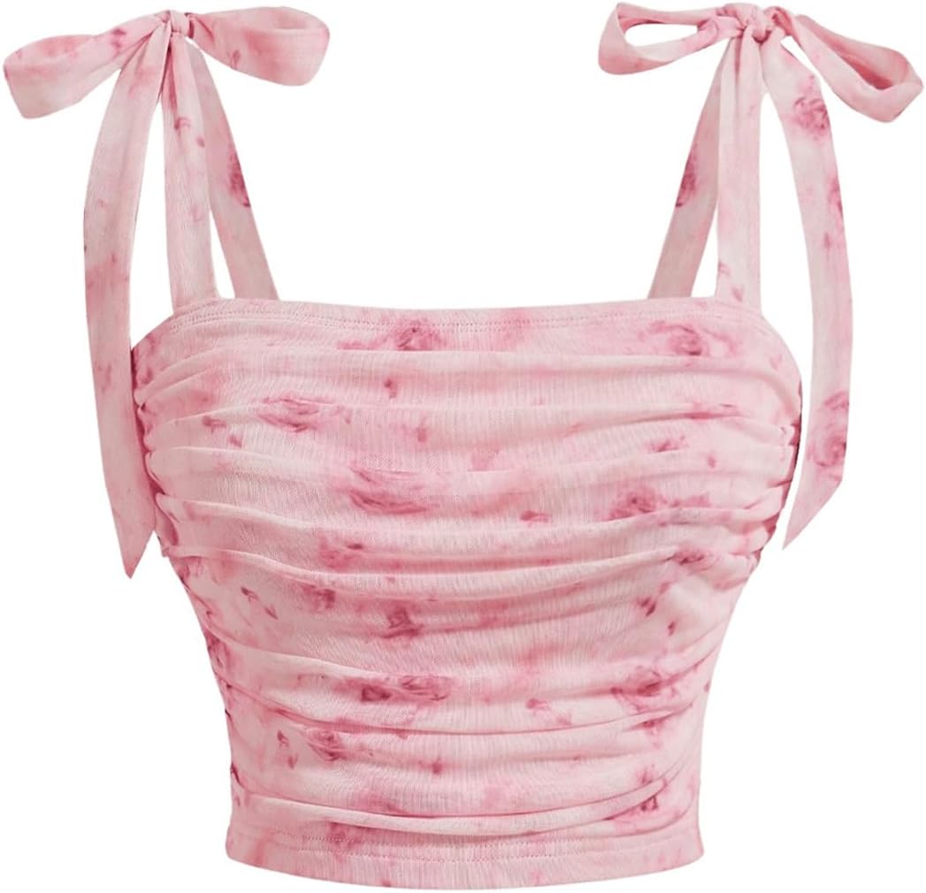 Women's Bow Tie Shoulder Crop Tops Mesh Floral Boho Top Ruched Cami Tops