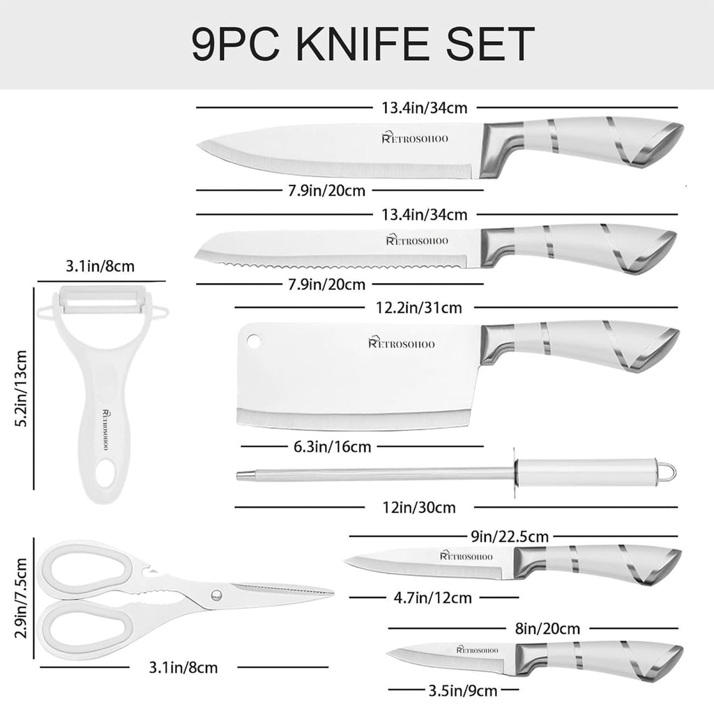 Kitchen Stainless Steel Knife Set, 9-Pieces Sharp Non-Stick Coated Chef Knives Block Set