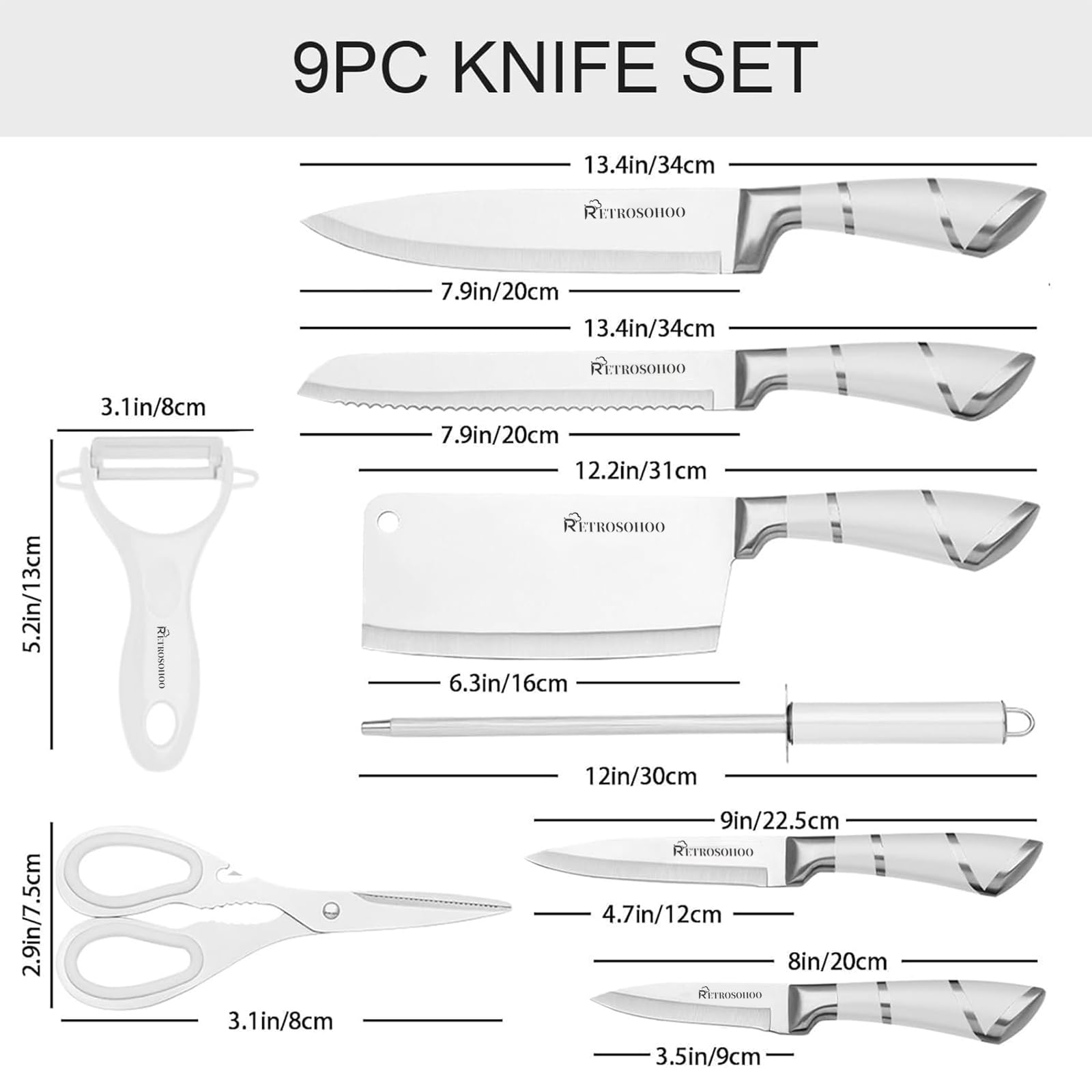 Kitchen Stainless Steel Knife Set, 9-Pieces Sharp Non-Stick Coated Chef Knives Block Set