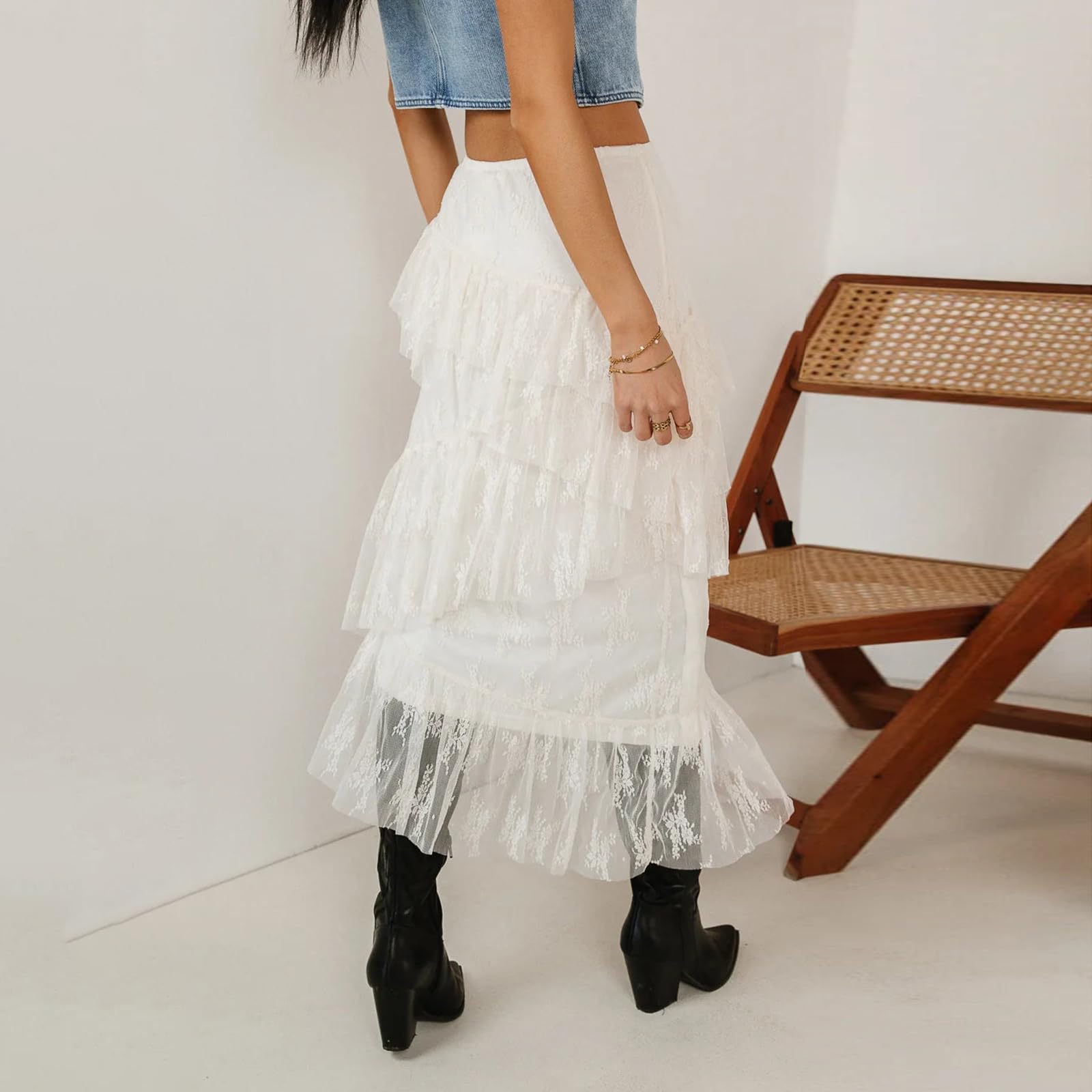 Lace Maxi Skirt High Waist Ruffle A-Line Flare Long Skirt