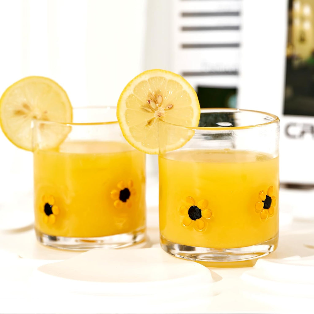 Sunflower Embossed Rocks Glasses â€?Set of 2, 14 oz Mexican Old Fashioned Whiskey Glasses with Heavy Base, Dishwasher Safe