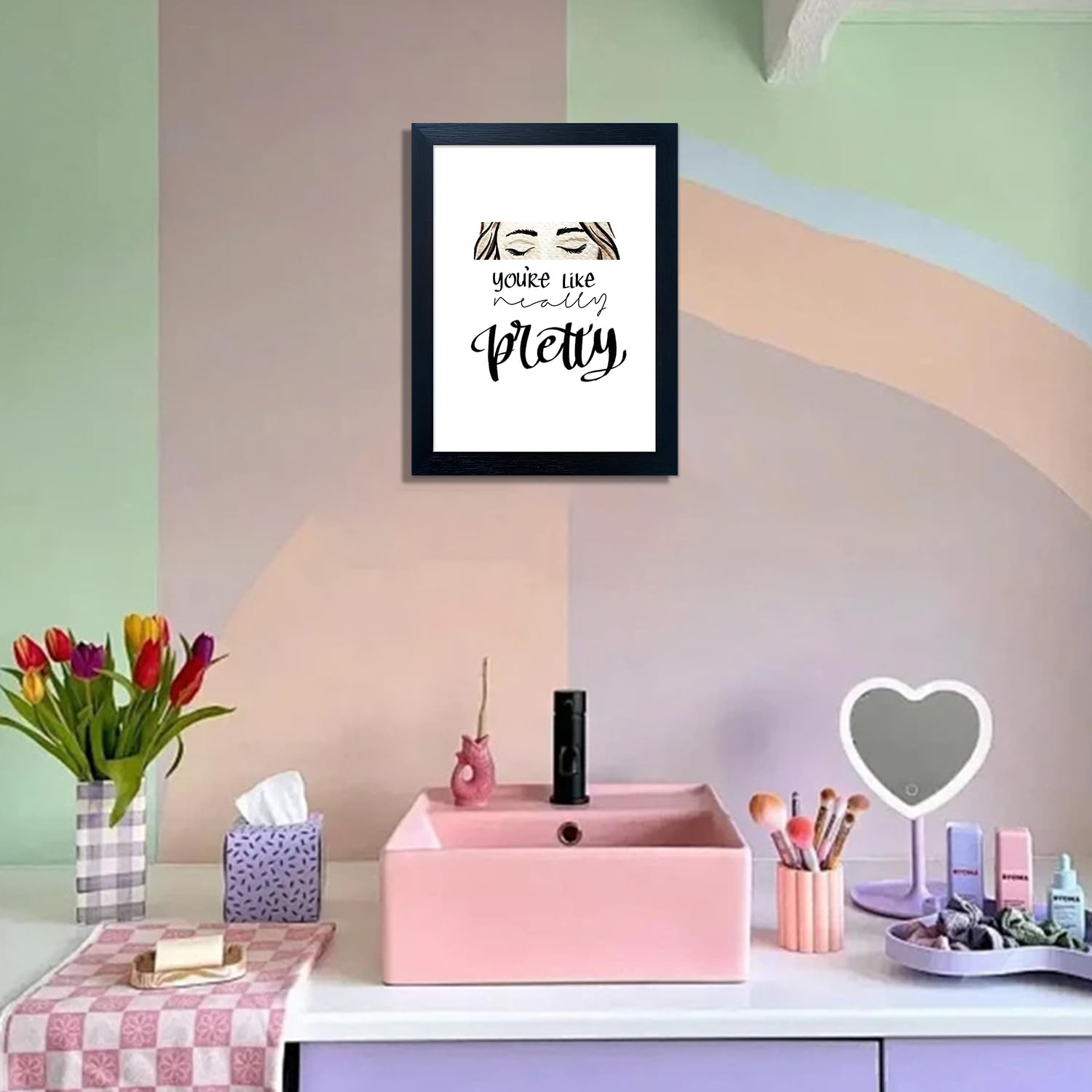 Pink Makeup Room Wall Art Fashion Canvas Wall Art Beauty Room Decor Art Pink Lips Canvas Artwork Trendy Girly Wall Art Women Bedroom Bathroom Decor Print
