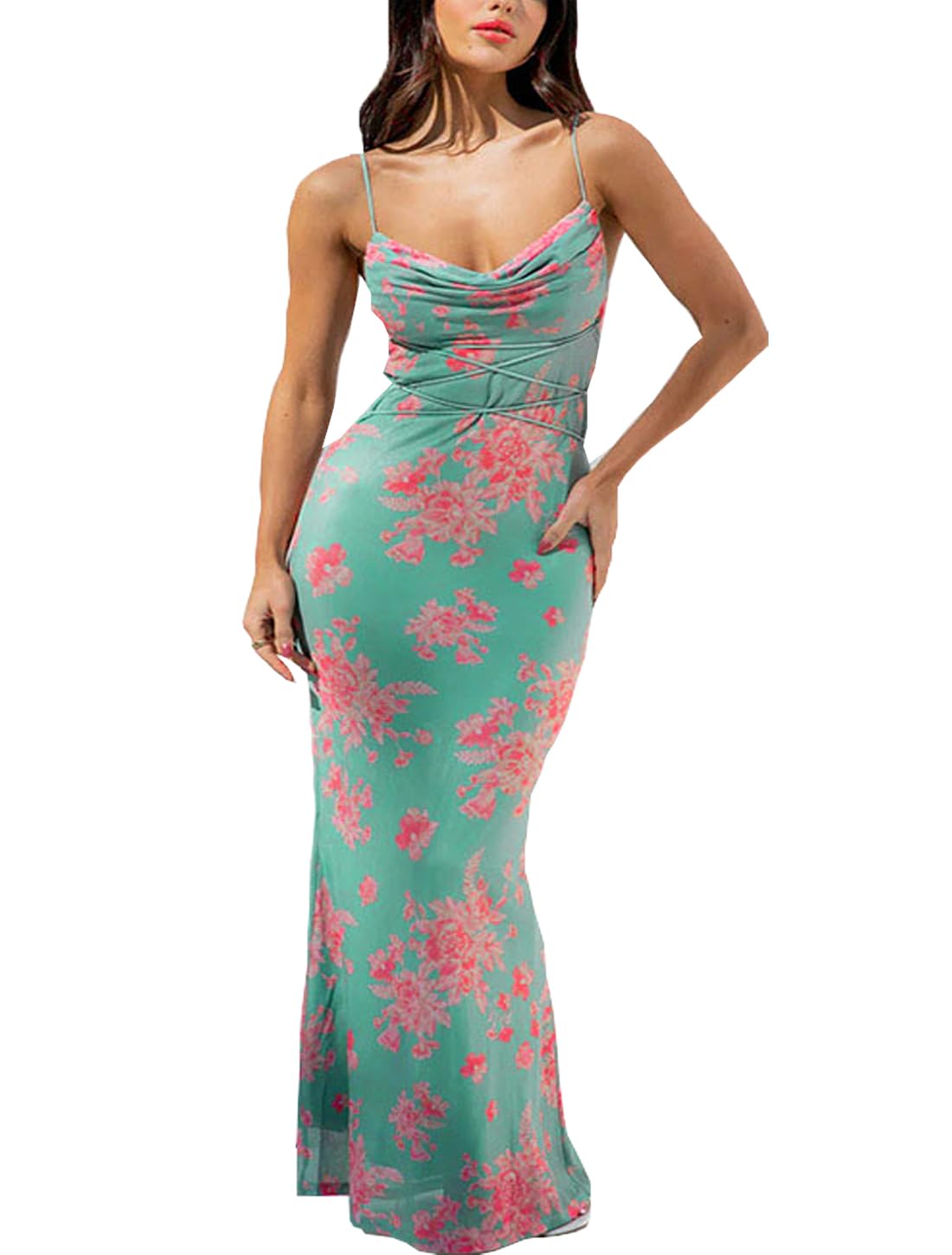 Women Vintage Spaghetti Strap Maxi Dress Sexy Low Cut Backless Floral Satin Slip Long Dress Y2k Cami Bodycon Dresses