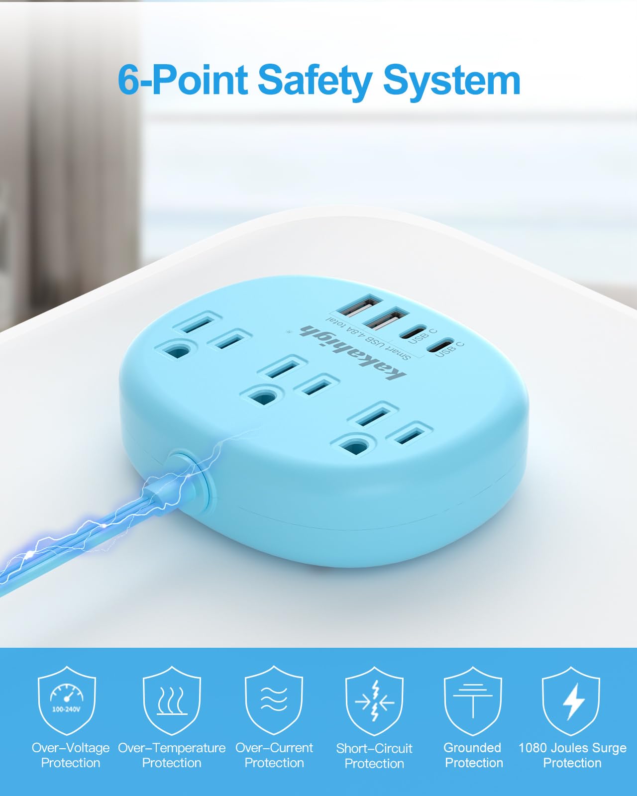 Cute Surge Protector â€?5FT Flat Extension Cord, 3 Outlets, 4 USB Ports (24W)