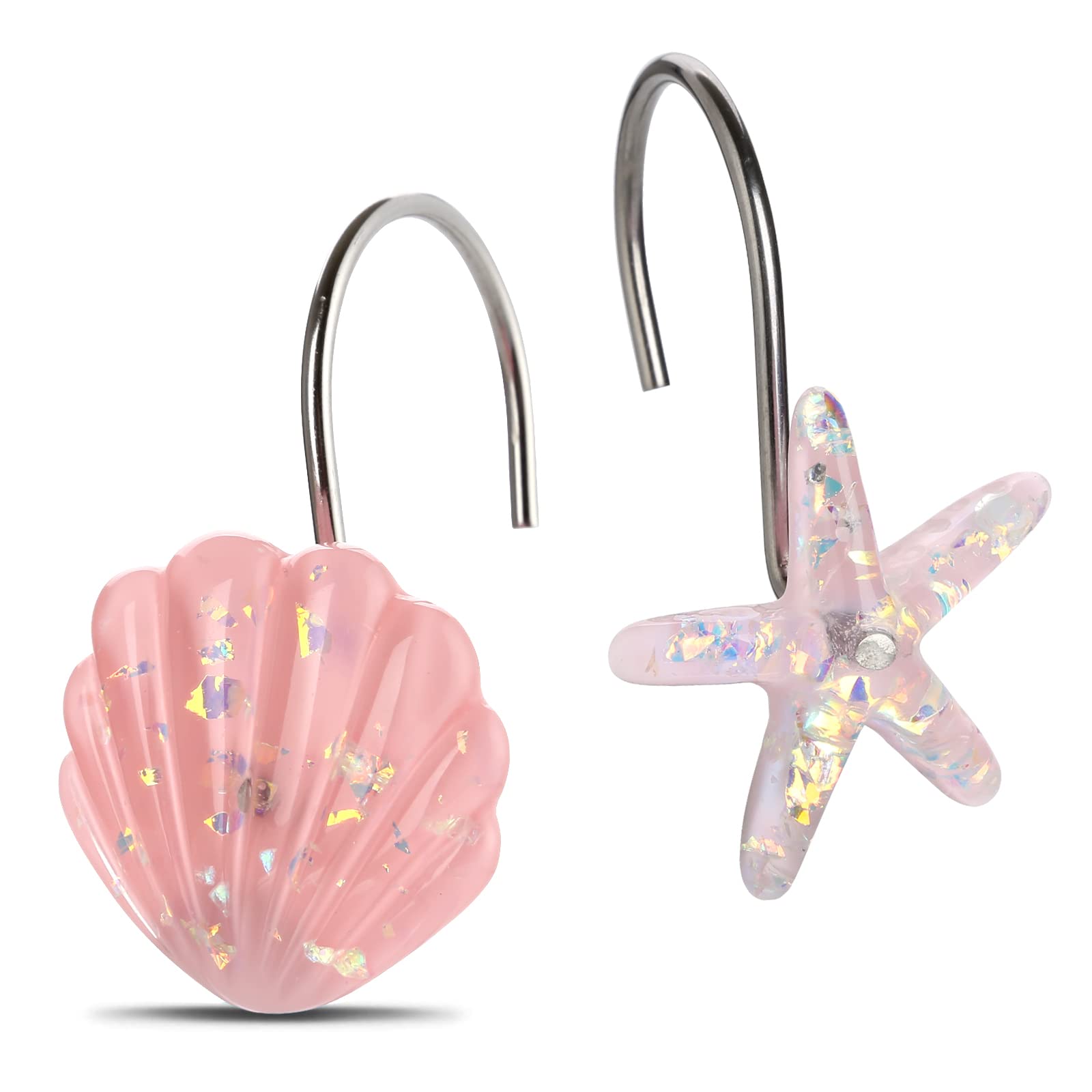 Seashell Shower Curtain Hooks, 12PCS Stainless Steel Anti Rust Starfish and Seashell Decorative Shower Hooks Ocean Theme Shower Curtain Hooks for Home Bathroom