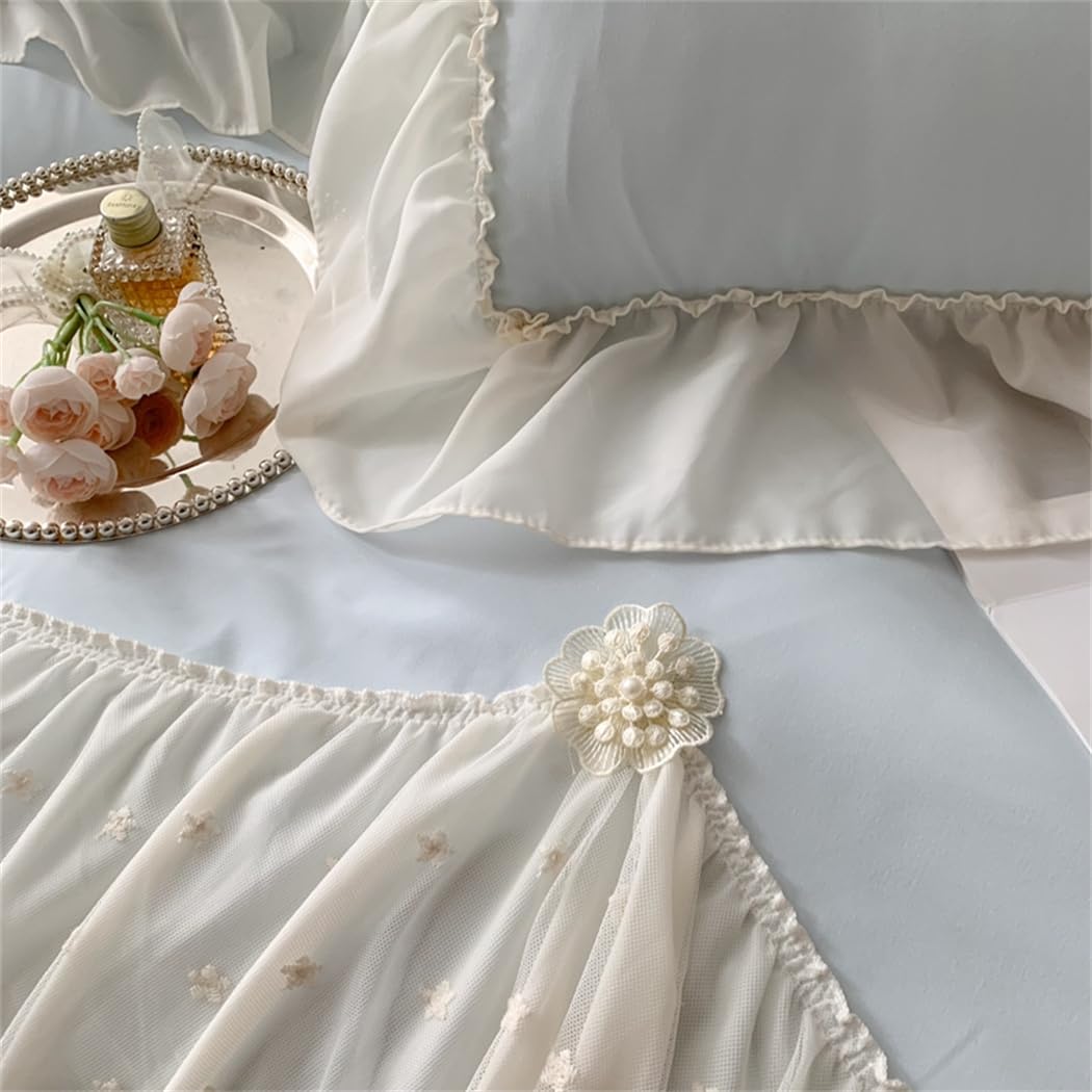 Lace Duvet Cover - Chiffon Ruffled Beddding Set with Flower, 3 Pieces Comforter Cover Set with Zipper Closure and Pillowcase