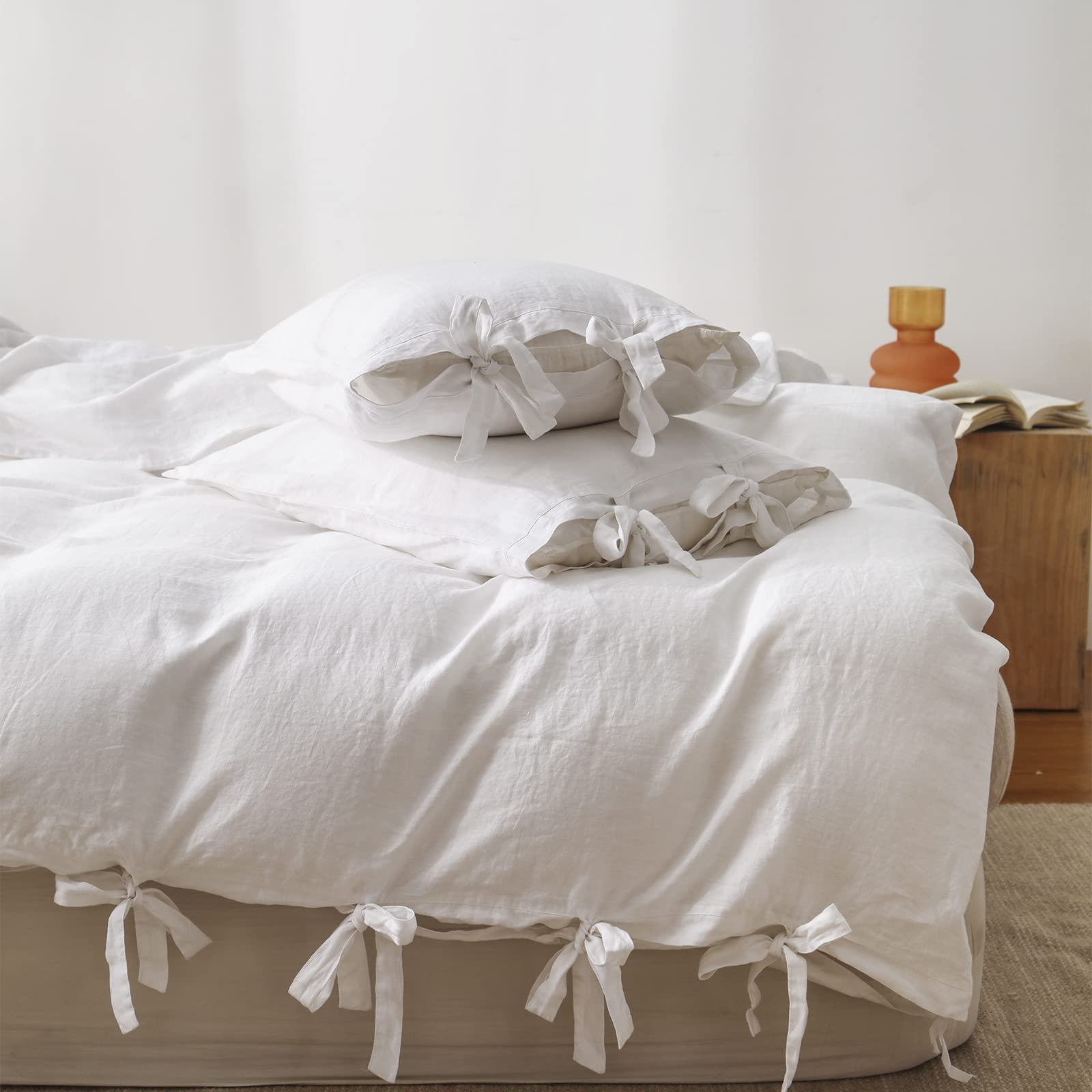 The 100% Linen Duvet Cover Set, 3 Pieces Belgian Flax Breathable Bedding,(1 Comforter Cover+2 Pillowshams) with Tie Closure Style