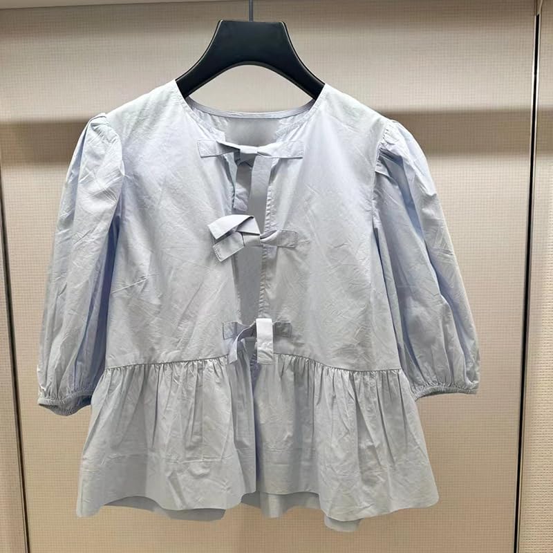 Tie Front Tops Womens Y2k Print Peplum Babydoll Top 3/4 Length Puff Sleeve Coquette Cute Going Out Tops