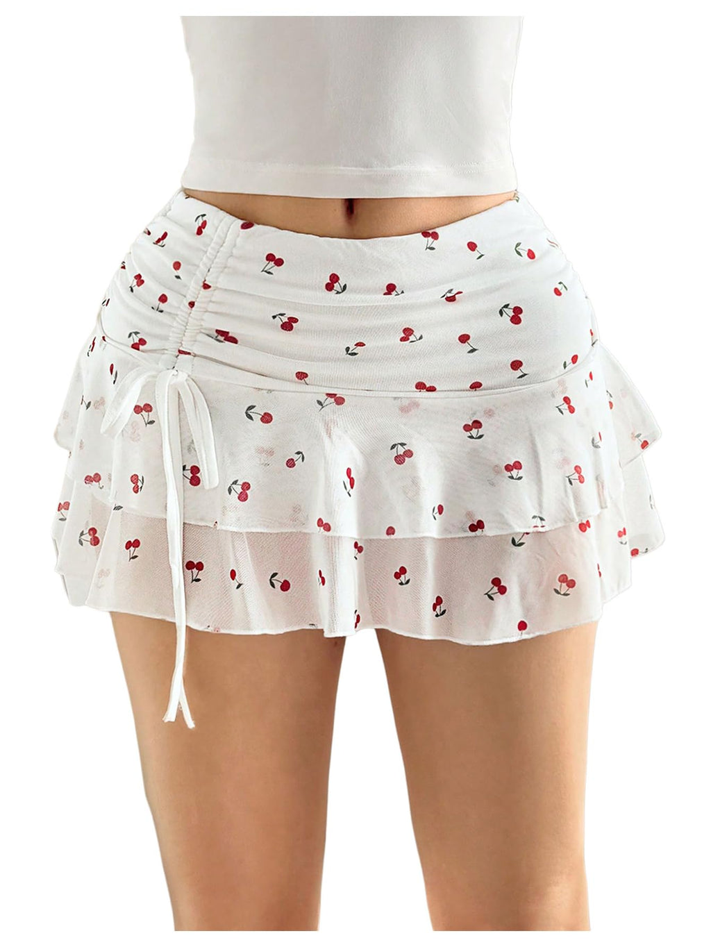 Women's Mesh Cherry Mini Skirt Drawstring Ruched Ruffle Hem Layered Y2k Skirts
