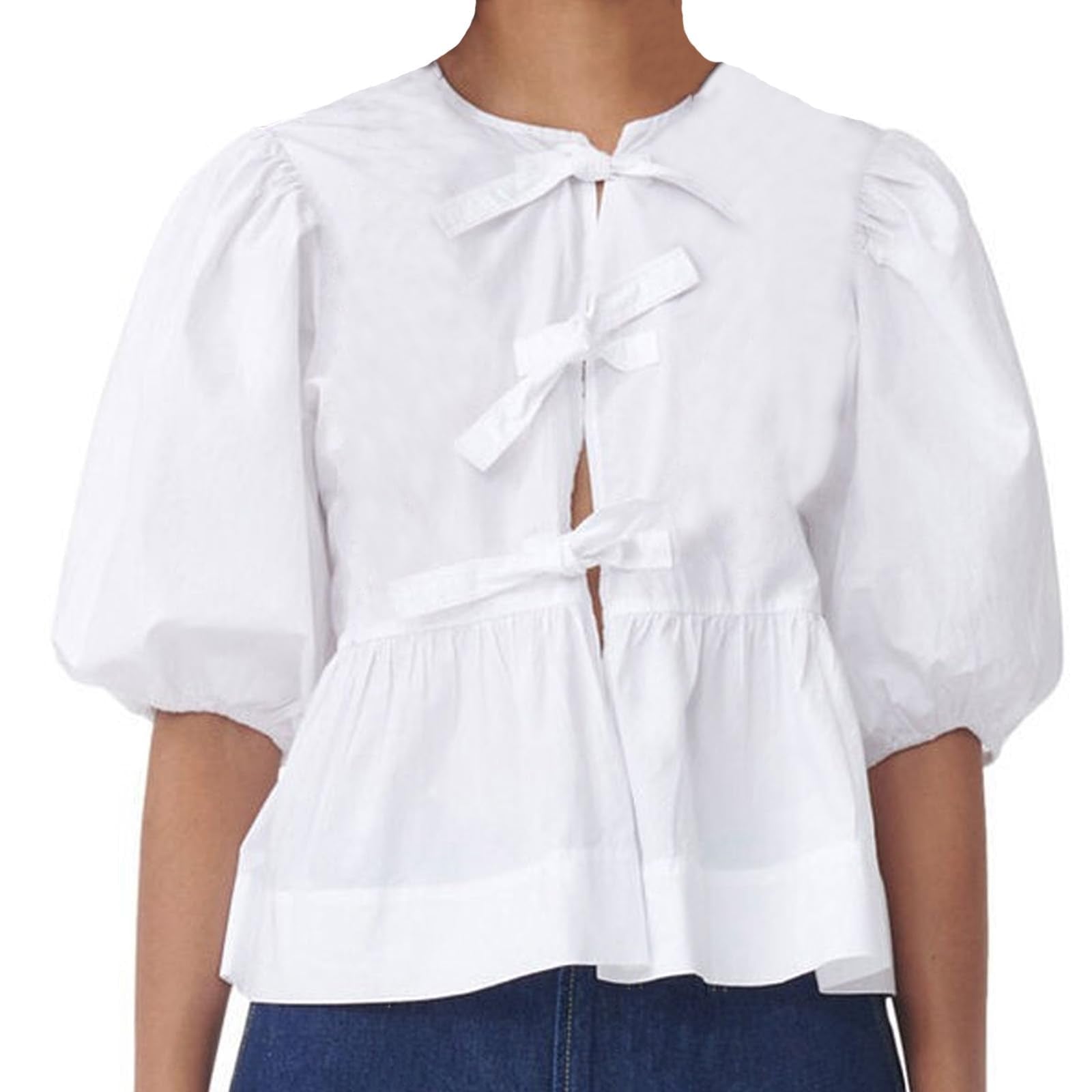 Tie Front Tops Womens Y2k Print Peplum Babydoll Top 3/4 Length Puff Sleeve Coquette Cute Going Out Tops