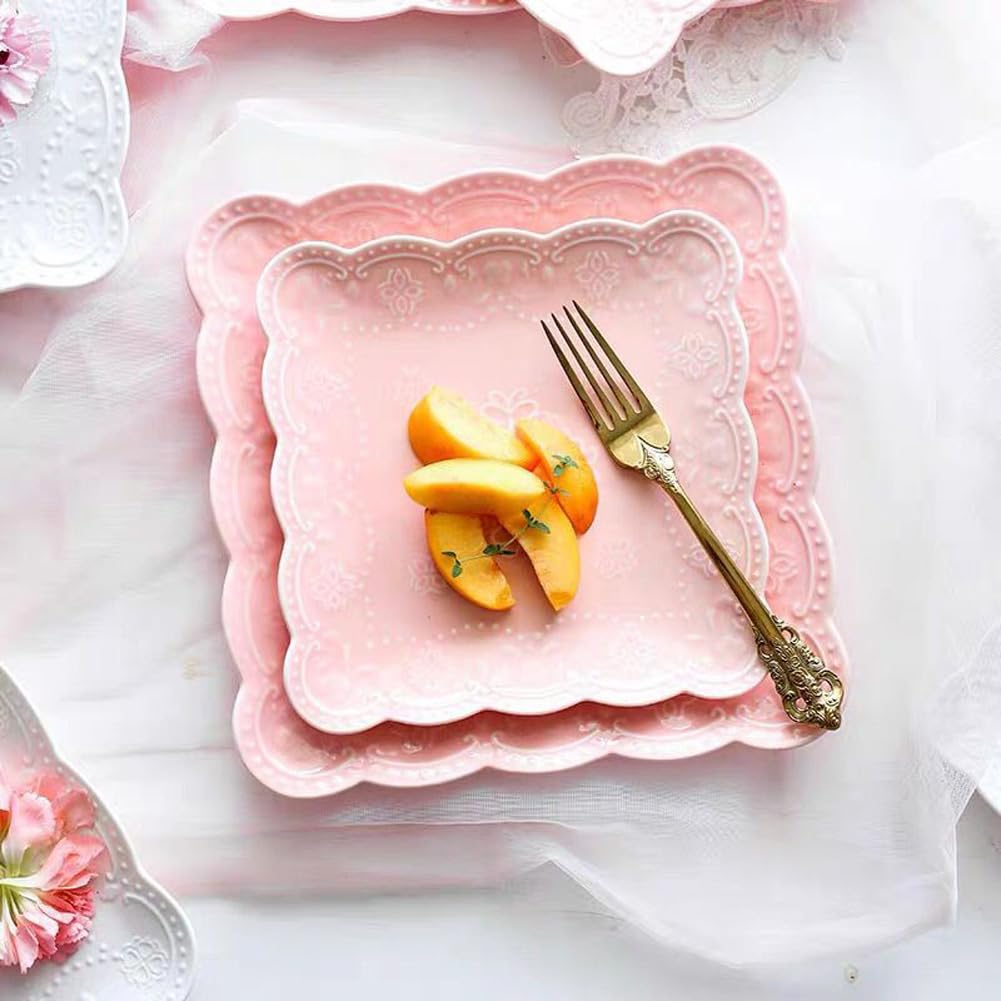 Elegant Square Embossed Lace Plate Bone China Dessert Plate Ceramic Plate Afternoon Tea