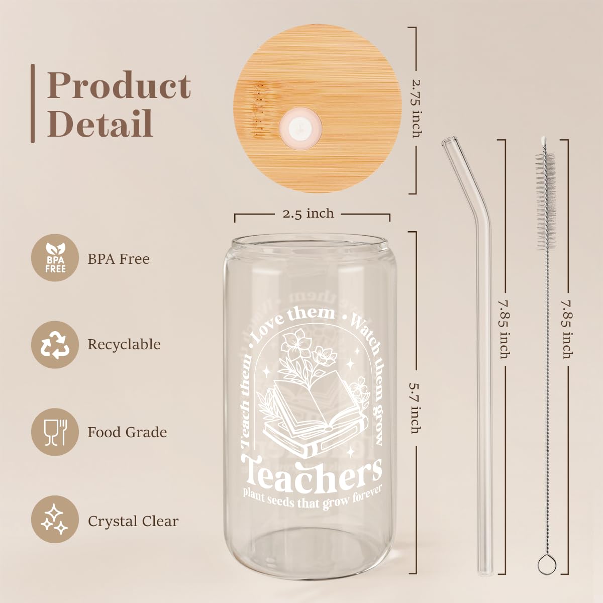 Glass Cup with Lid & Straw, Iced Coffee Aesthetic Glass Can, 16oz