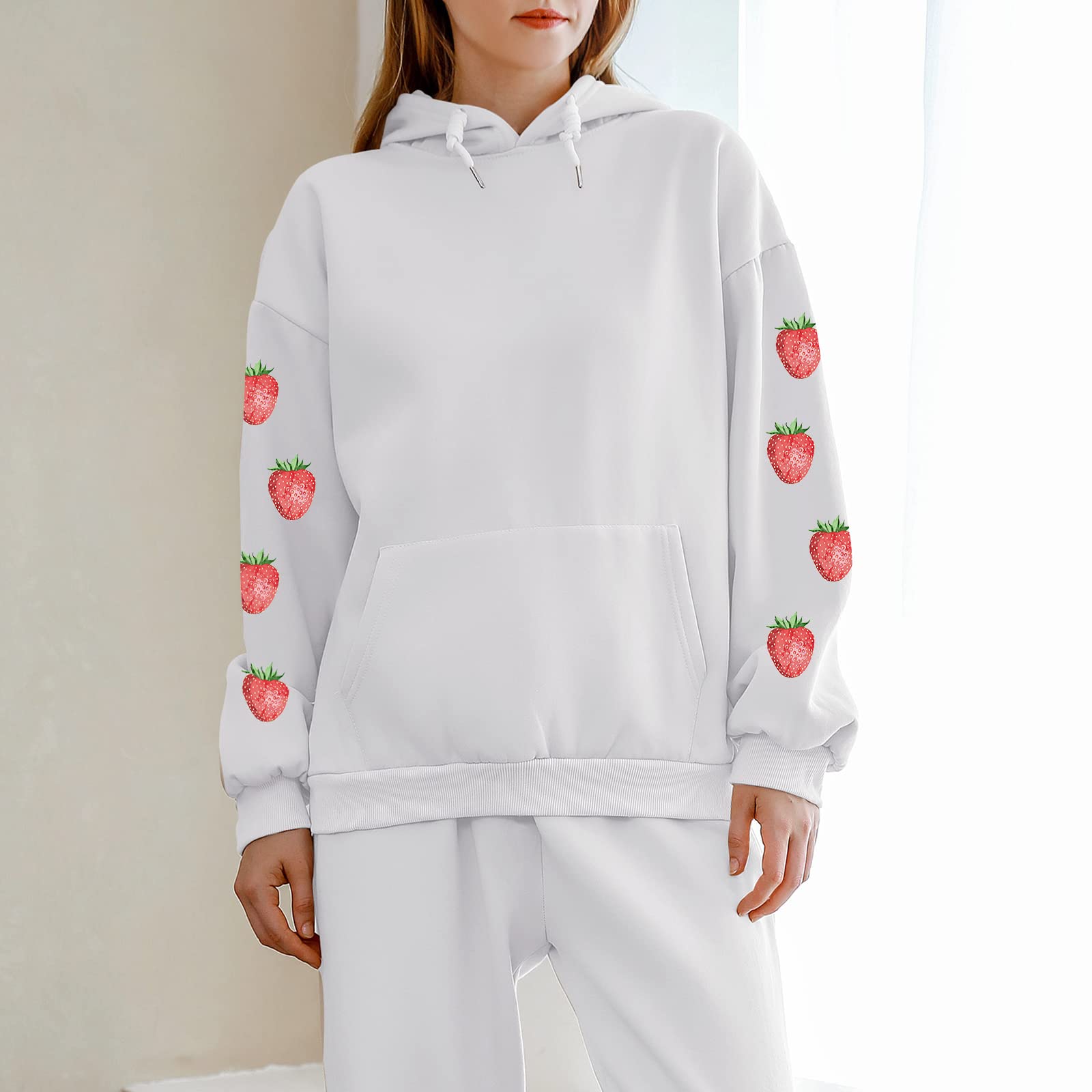 Women's Cute Sweatshirt Strawberry Sleeve Printed Cotton Warm Hoodie with Pocket