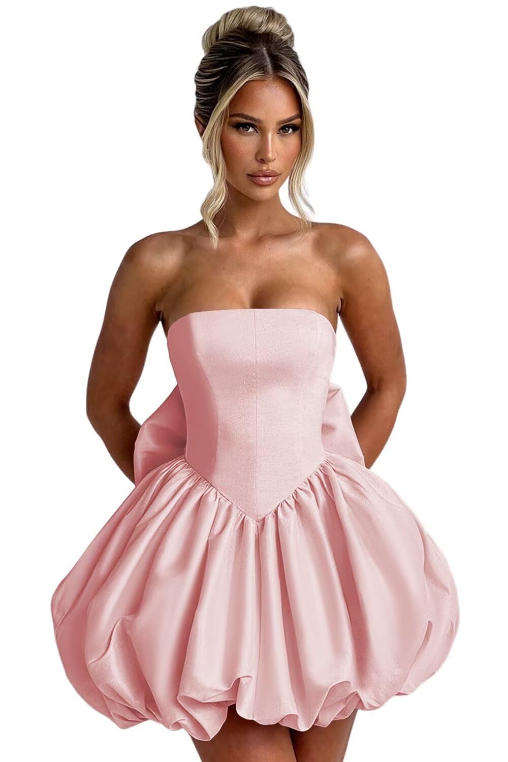 Satin Bubble Dress with Pockets Strapless Detachable Bow Short Ball Gowns A Line