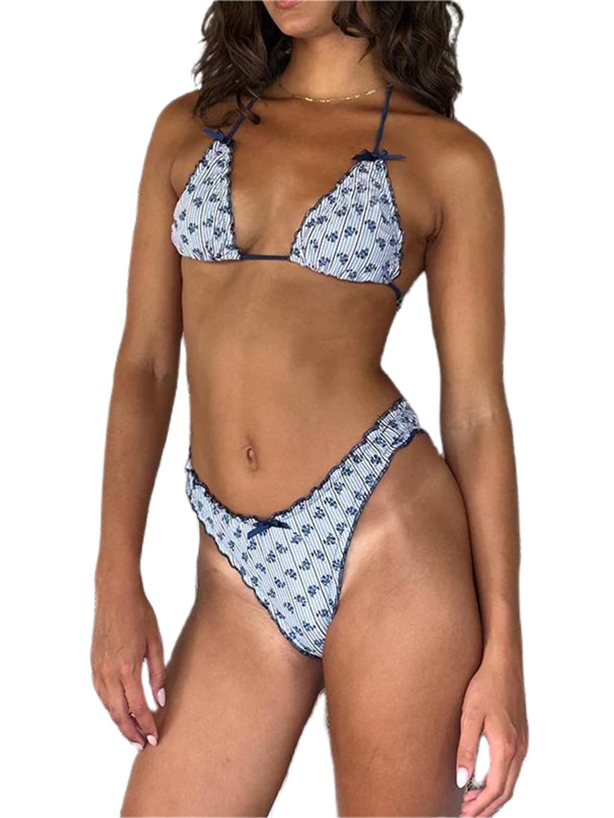 Women Y2k Bikinis Sets Coquette Aesthetic Bows Halter Tie Up Bikini Top High Cut Elastic Waist Bikini Bottom