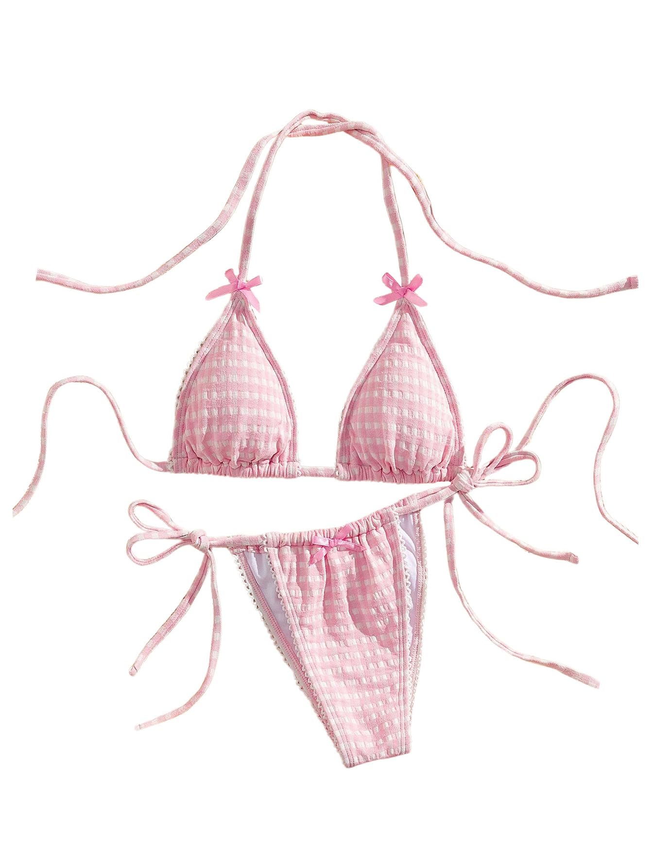 Women's Plaid Bow Bikini SetHalter String Triangle Thong 2 Piece Swimsuits