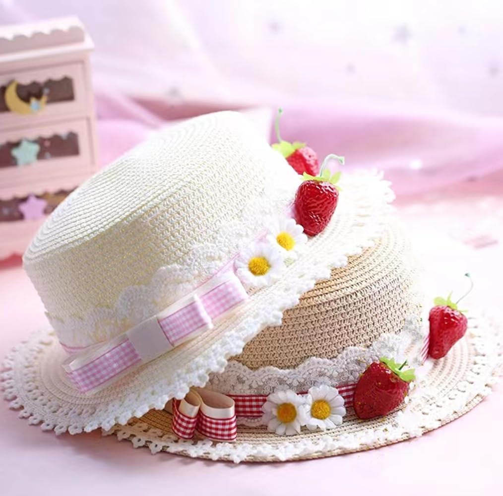 Lolita Strawberry Straw Hat for Women Teens Summer Outdoor Fashionable Wide Brim Beach Sun Hats UV Protection