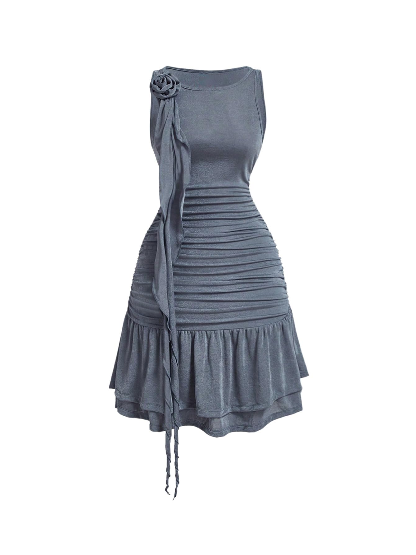 Women's 3D Floral Ruched Ruffle Dress Layered Sleeveless Bodycon Tank Dress with Straps