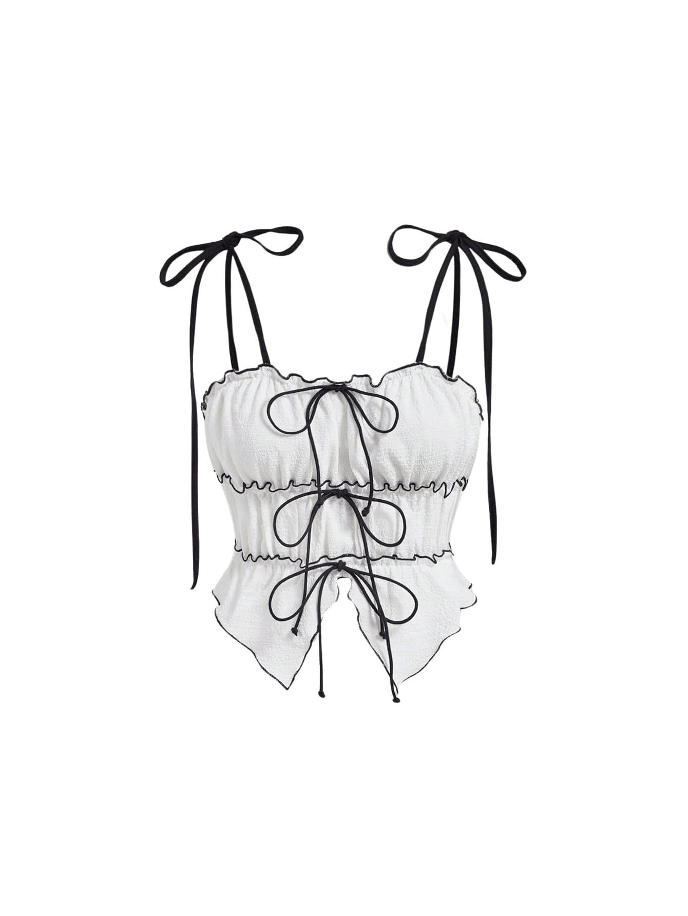 Women's Bow Tie Cami Tops Ruffle Spaghetti Strap Contrast Trim Asymmetrical Camisole Tank
